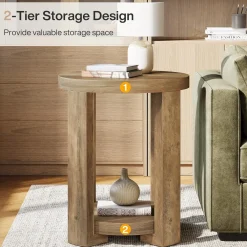 19.6" Side Table, 2-Tier Round End Table Bedside Table