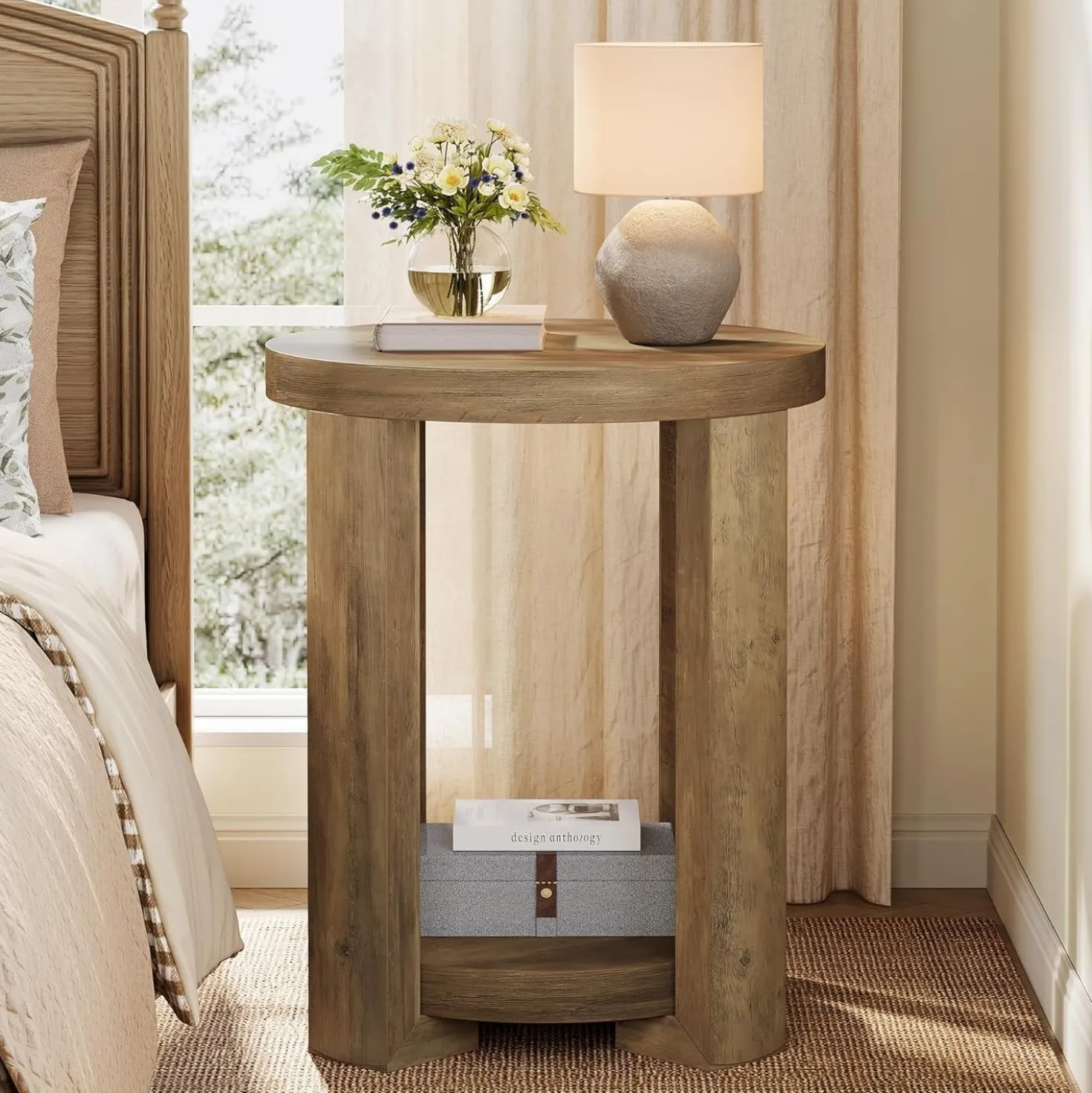 19.6" Side Table, 2-Tier Round End Table Bedside Table