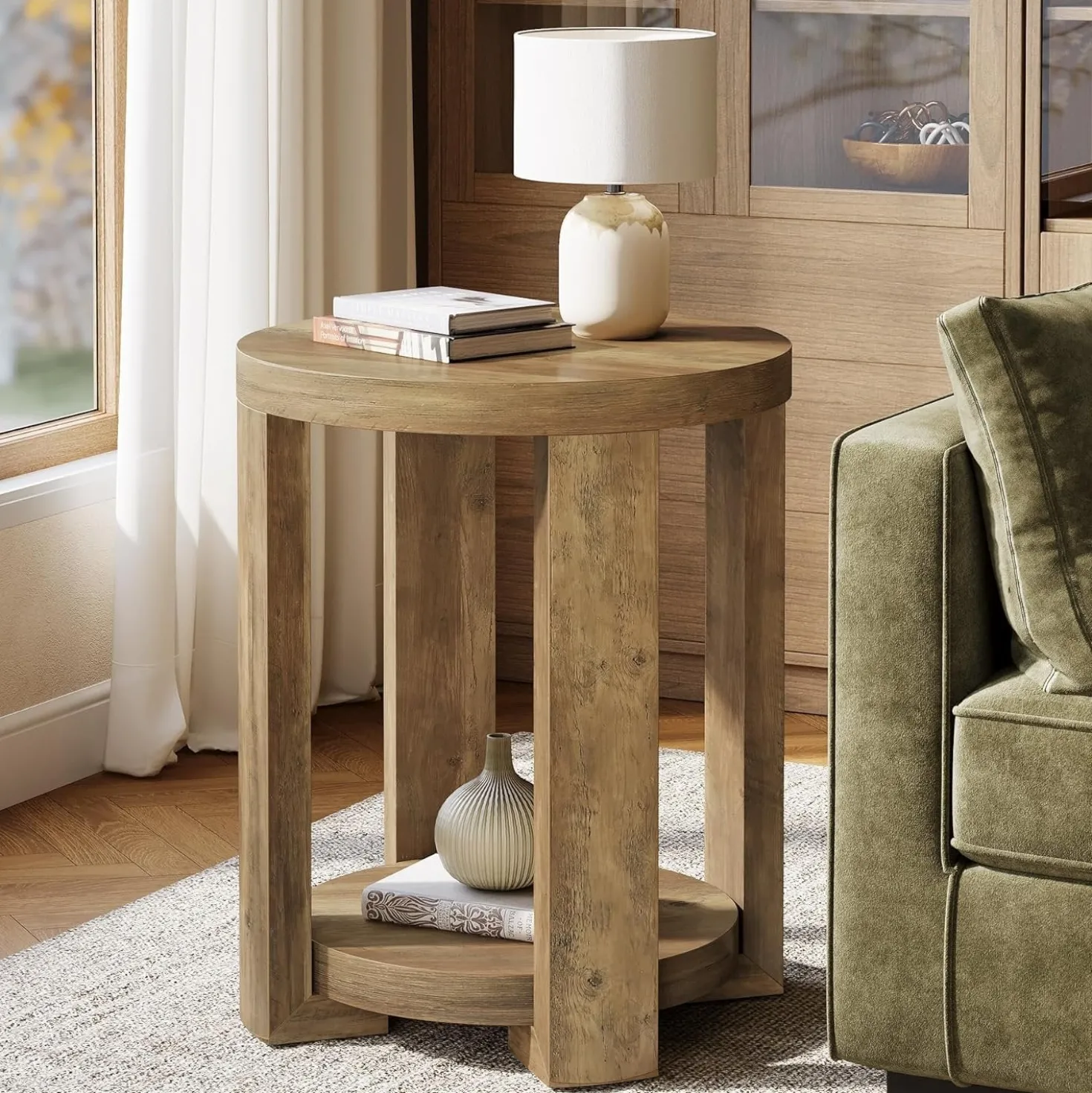 19.6" Side Table, 2-Tier Round End Table Bedside Table