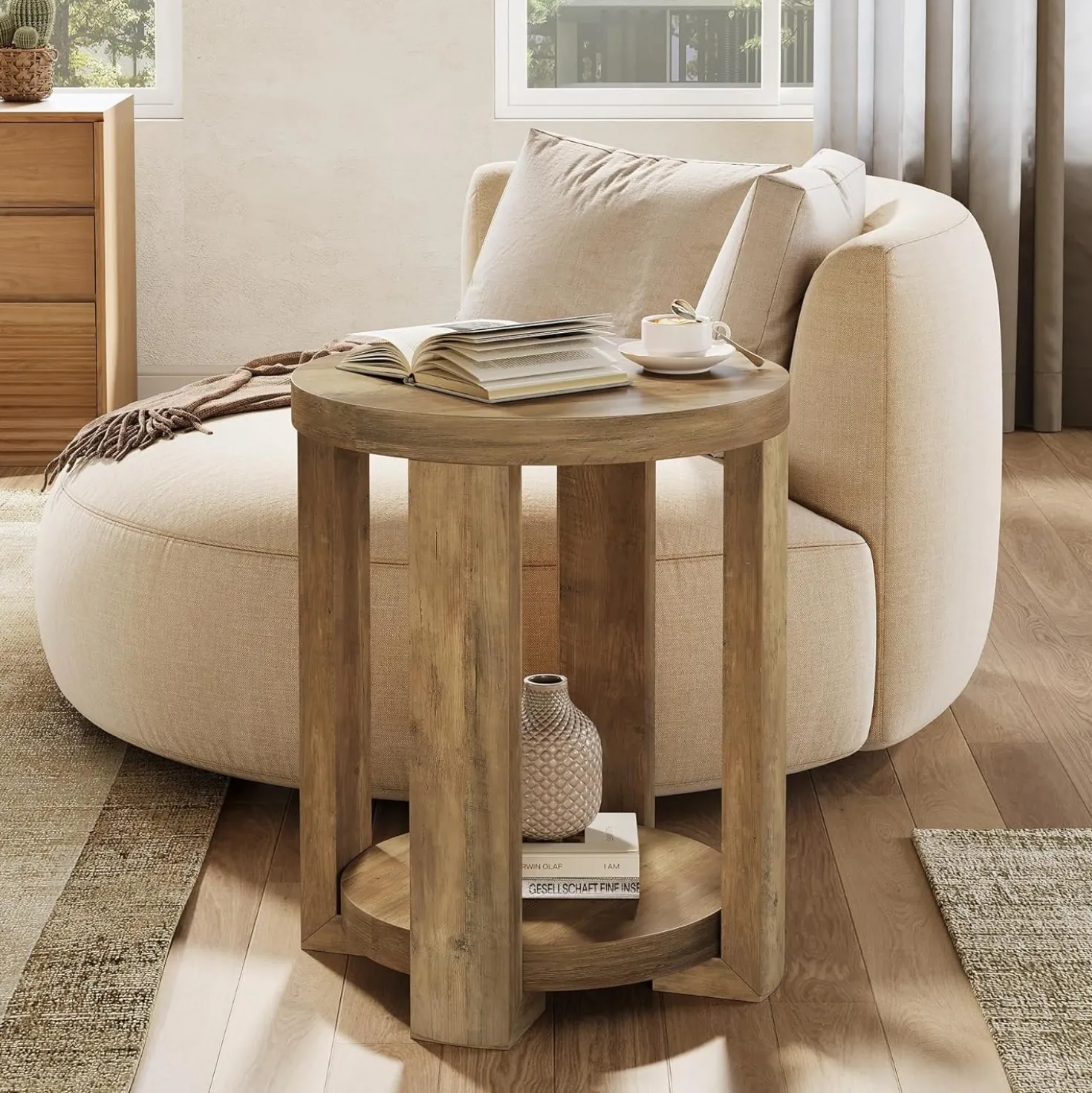 19.6" Side Table, 2-Tier Round End Table Bedside Table