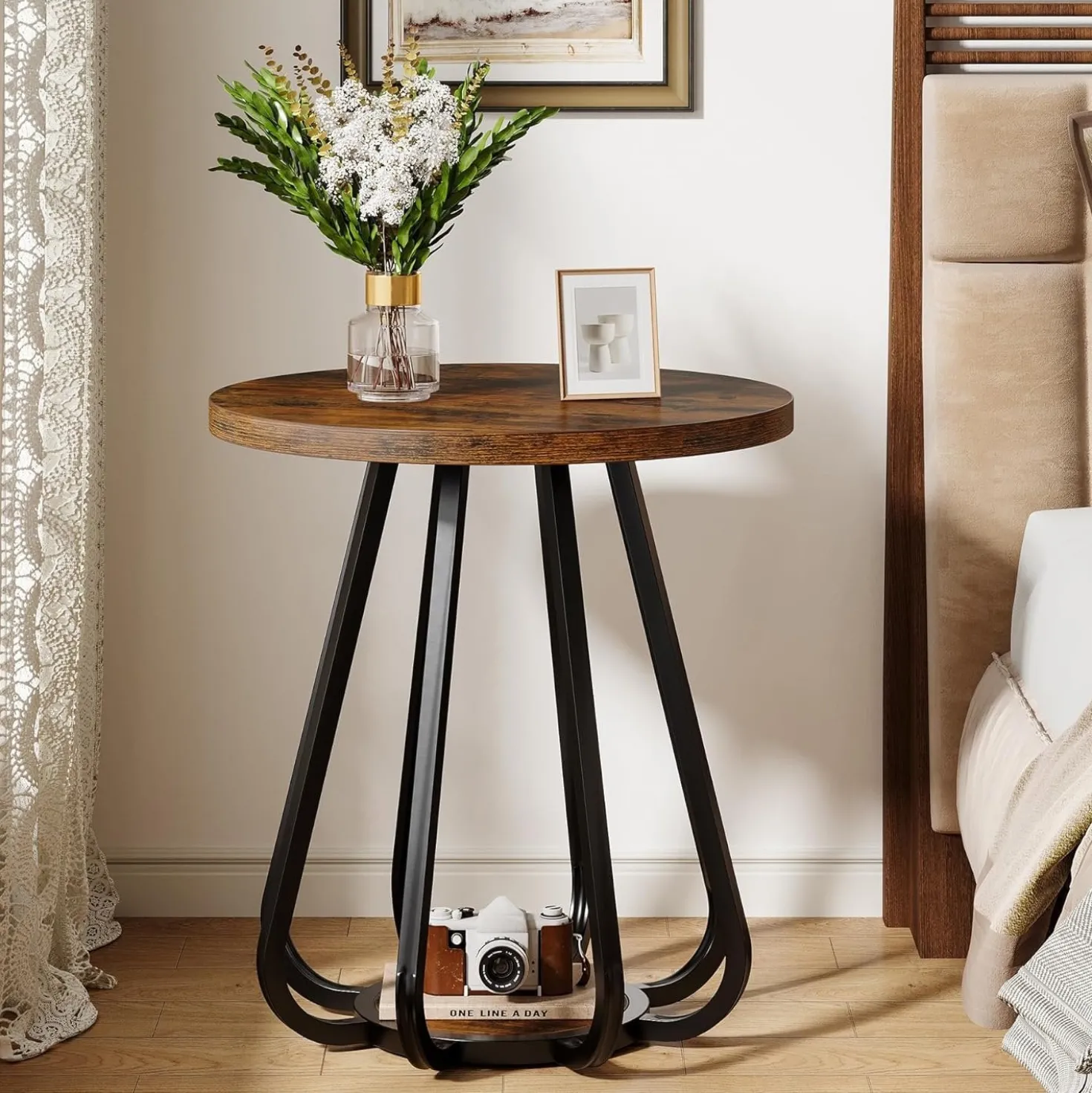 19.6" Side Table, 2-Tier Small Sofa End Table with Metal Frame for Small Spaces