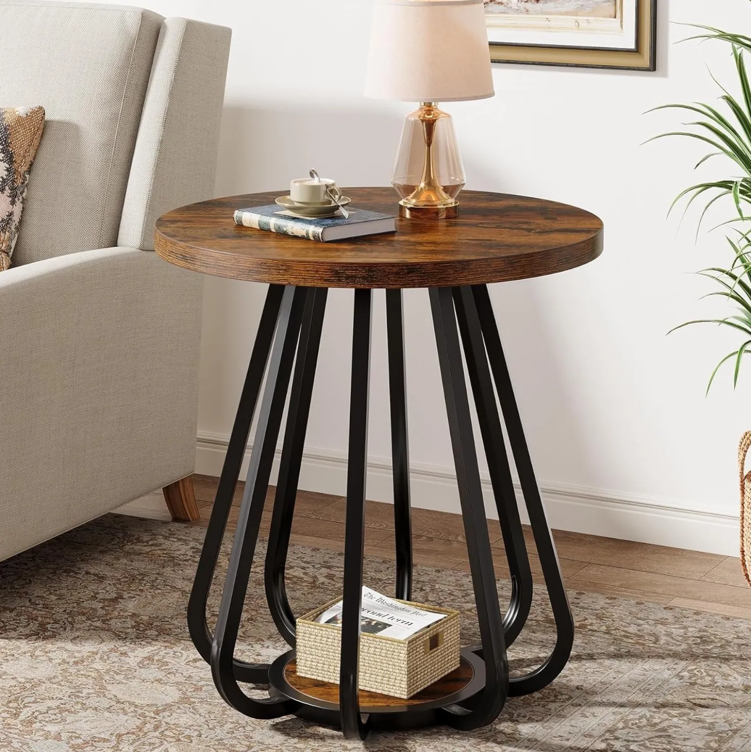 19.6" Side Table, 2-Tier Small Sofa End Table with Metal Frame for Small Spaces