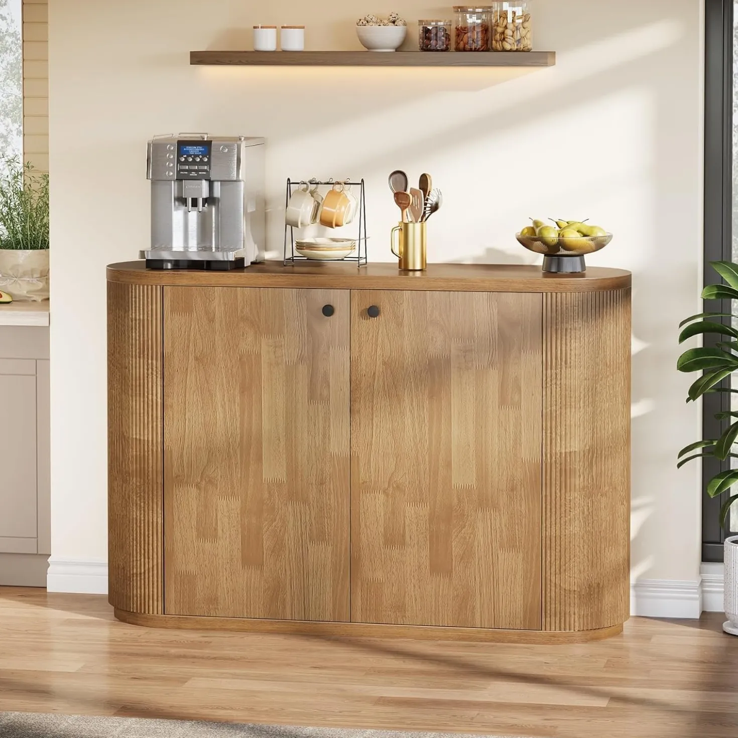 47" Sideboard Buffet, Farmhouse Fluted Cabinet Coffee Bar with 2 Shelves