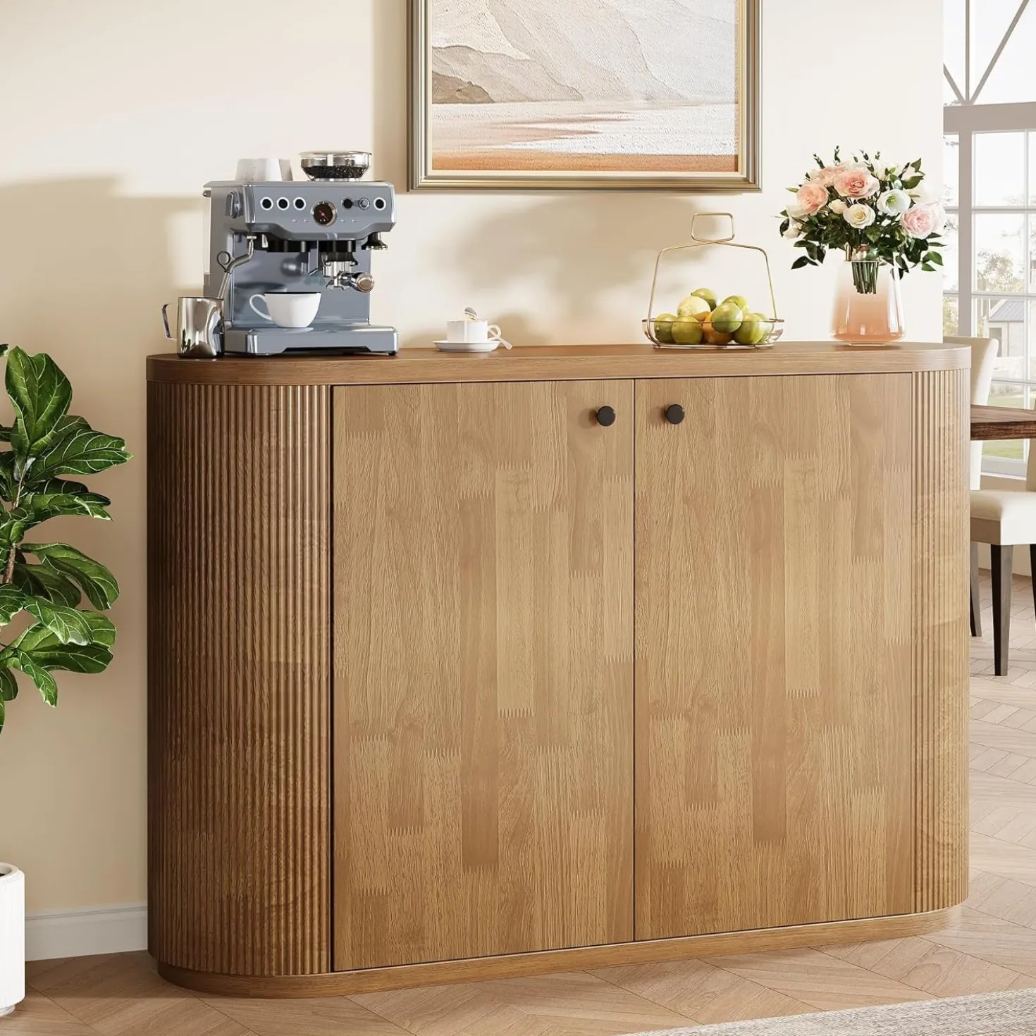 47" Sideboard Buffet, Farmhouse Fluted Cabinet Coffee Bar with 2 Shelves