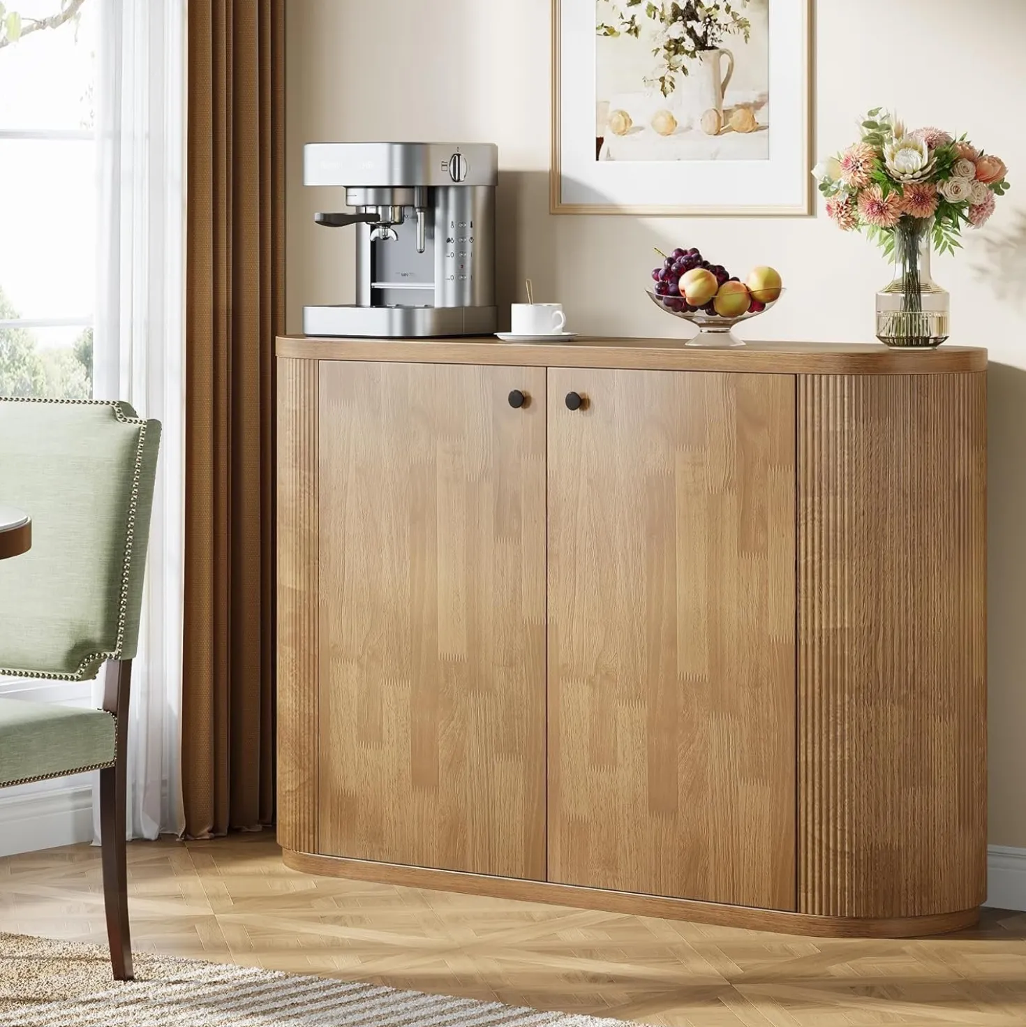 47" Sideboard Buffet, Farmhouse Fluted Cabinet Coffee Bar with 2 Shelves