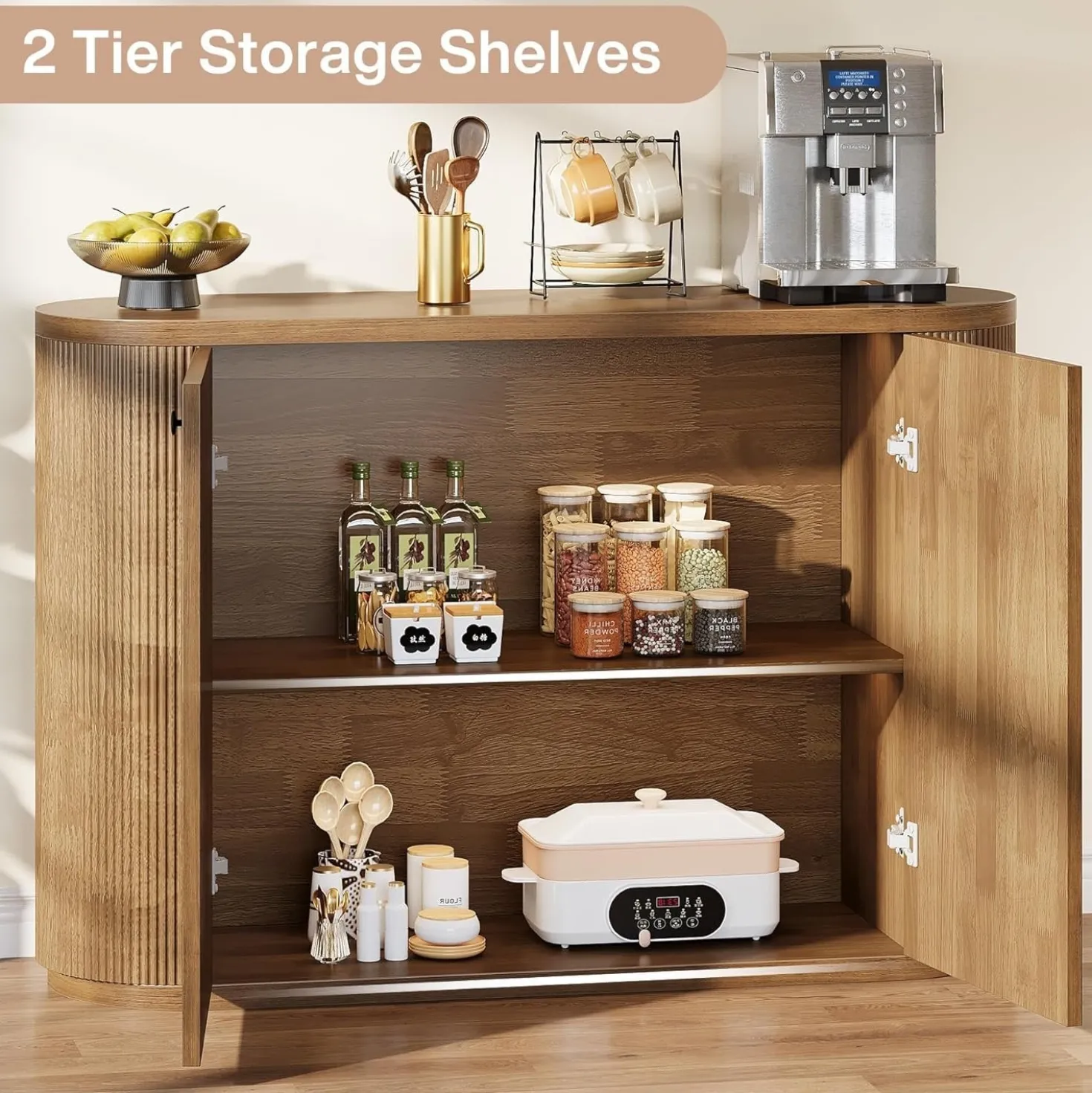 47" Sideboard Buffet, Farmhouse Fluted Cabinet Coffee Bar with 2 Shelves
