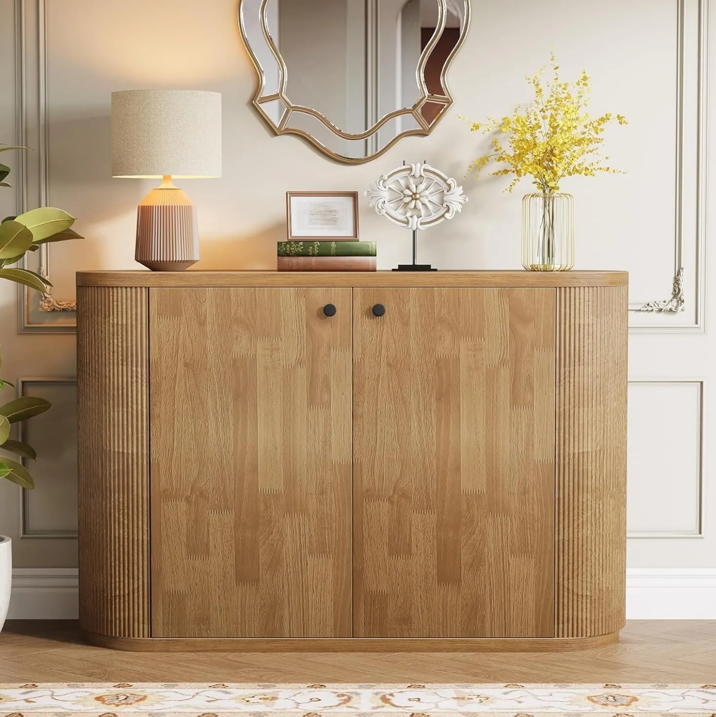 47" Sideboard Buffet, Farmhouse Fluted Cabinet Coffee Bar with 2 Shelves