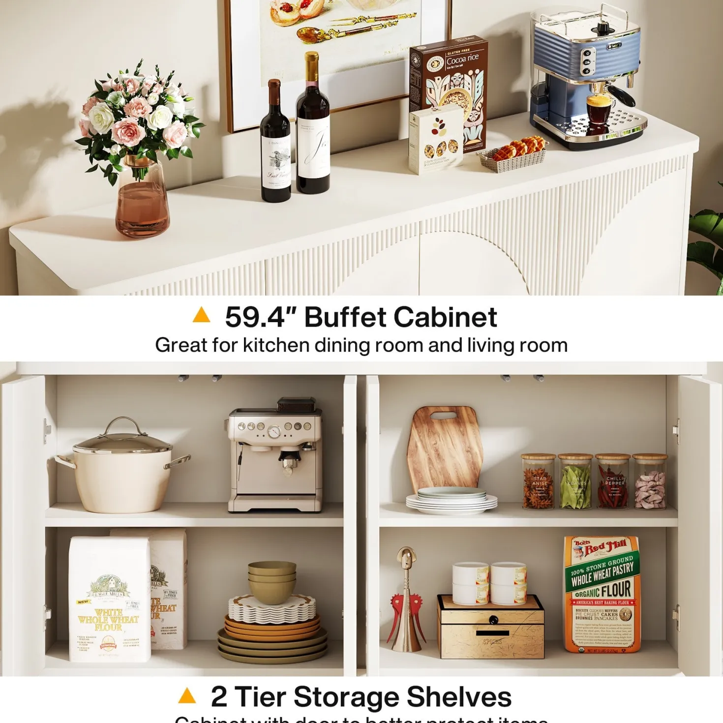 59.4" Sideboard Buffet, White Credenza Storage Cabinet with Doors