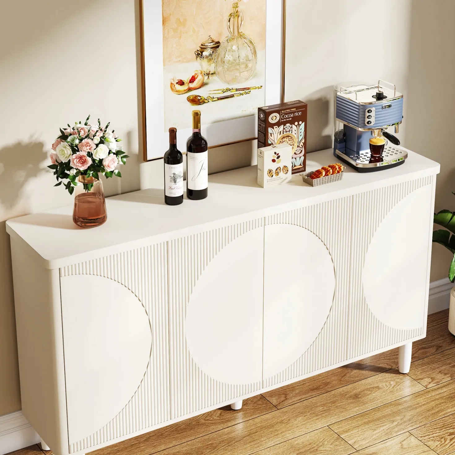 59.4" Sideboard Buffet, White Credenza Storage Cabinet with Doors