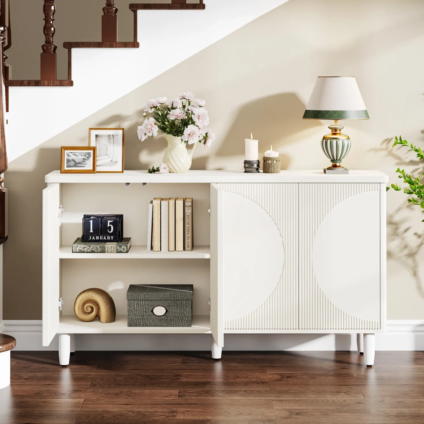 59.4" Sideboard Buffet, White Credenza Storage Cabinet with Doors