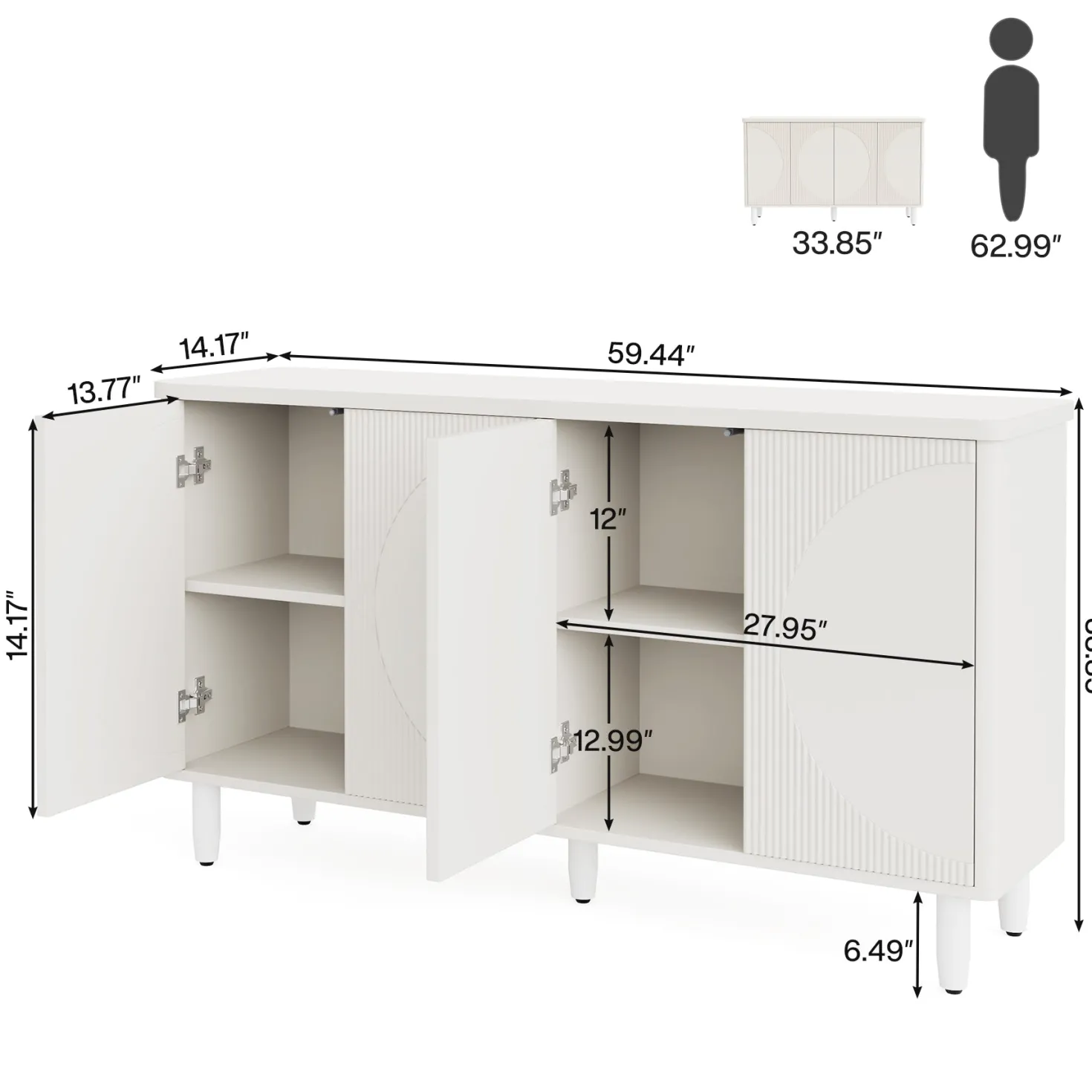 59.4" Sideboard Buffet, White Credenza Storage Cabinet with Doors