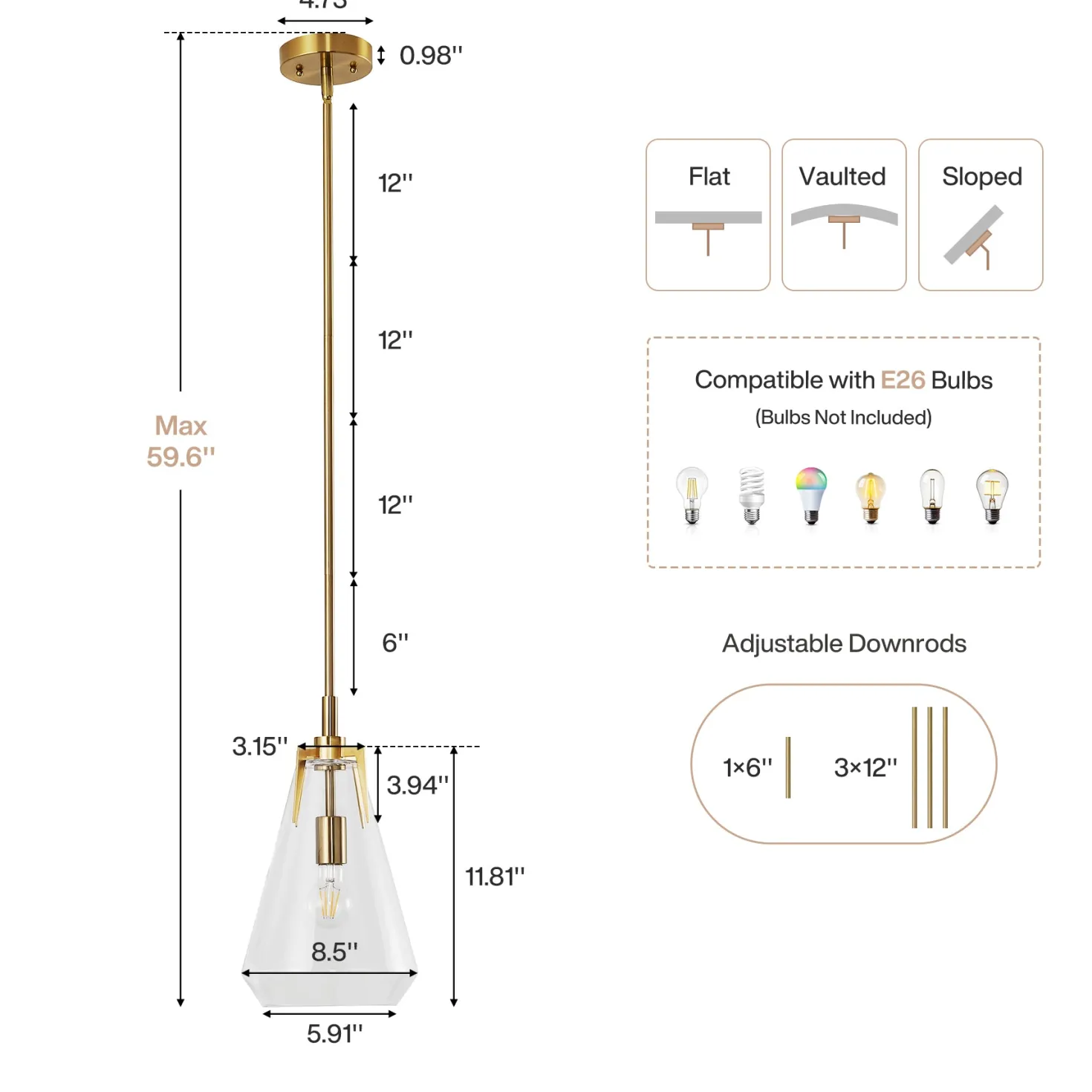 8.5" Single Pendant Light , Modern Hanging Light Fixture with Clear Glass Shade