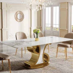 78.7" Sintered Stone Dining Table, Luxury Kitchen Table with Stainless Steel Base for 8-10