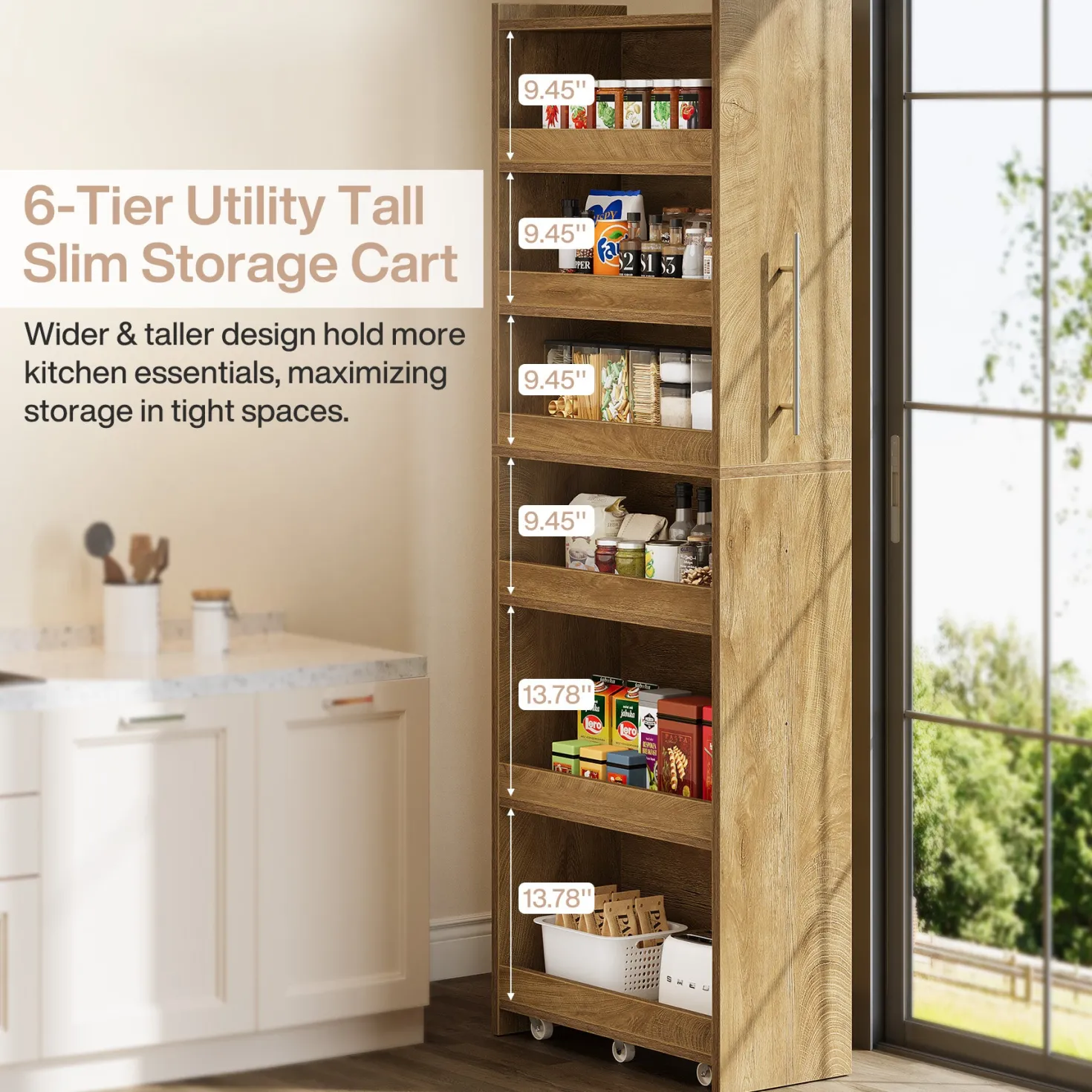 72.83" Slim Storage Cart with Wheels, 6-Tier Narrow Rolling Utility Pantry Cart for Kitchen