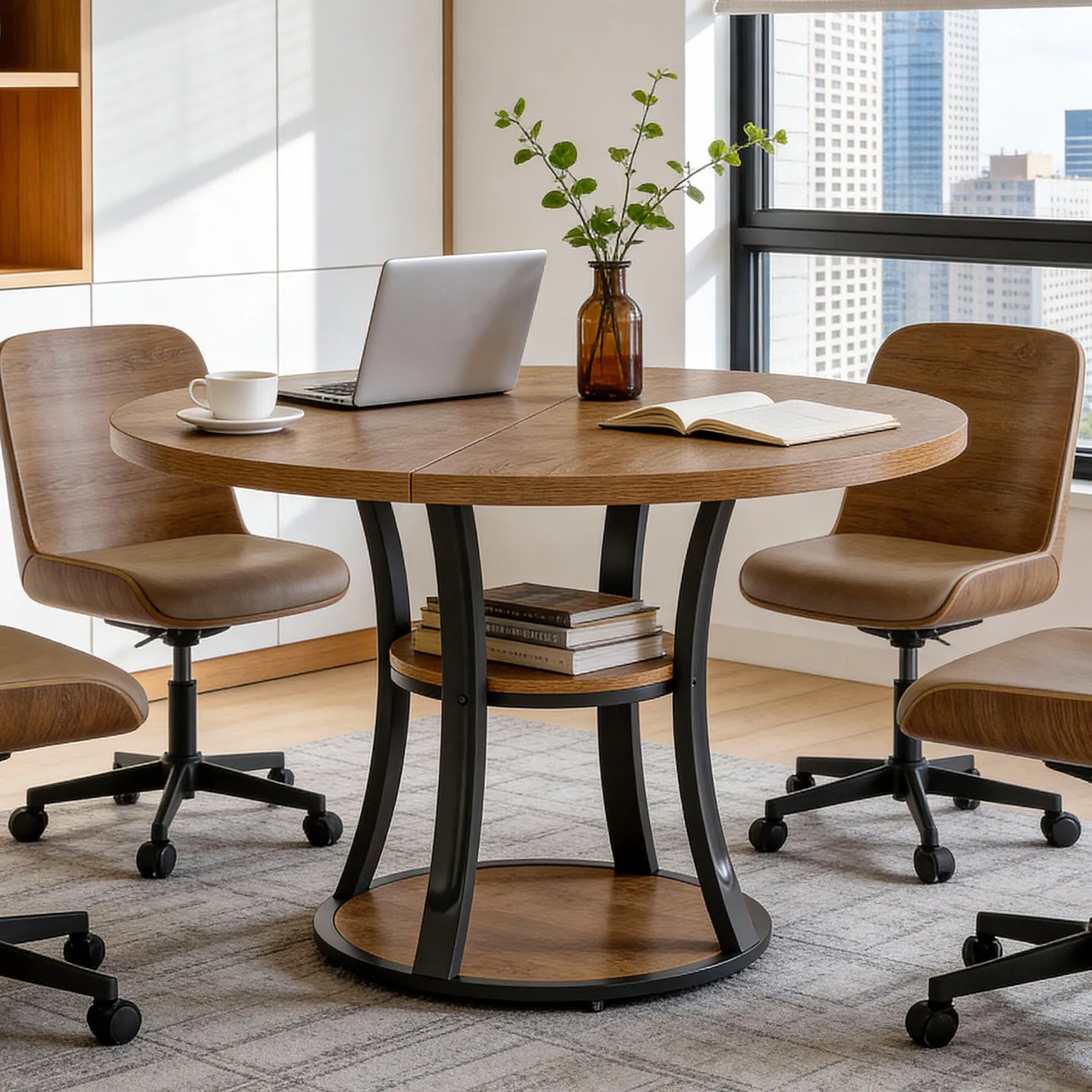 39" Small Conference Table, Modern Round Meeting Room Table for 2-4 People