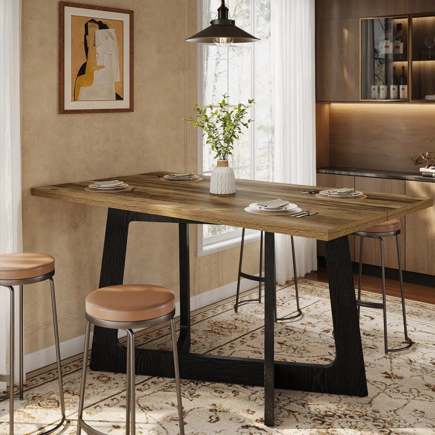 47" Small Dining Table for 2-4 People, Farmhouse Kitchen Table with Sturdy Pedestal Base