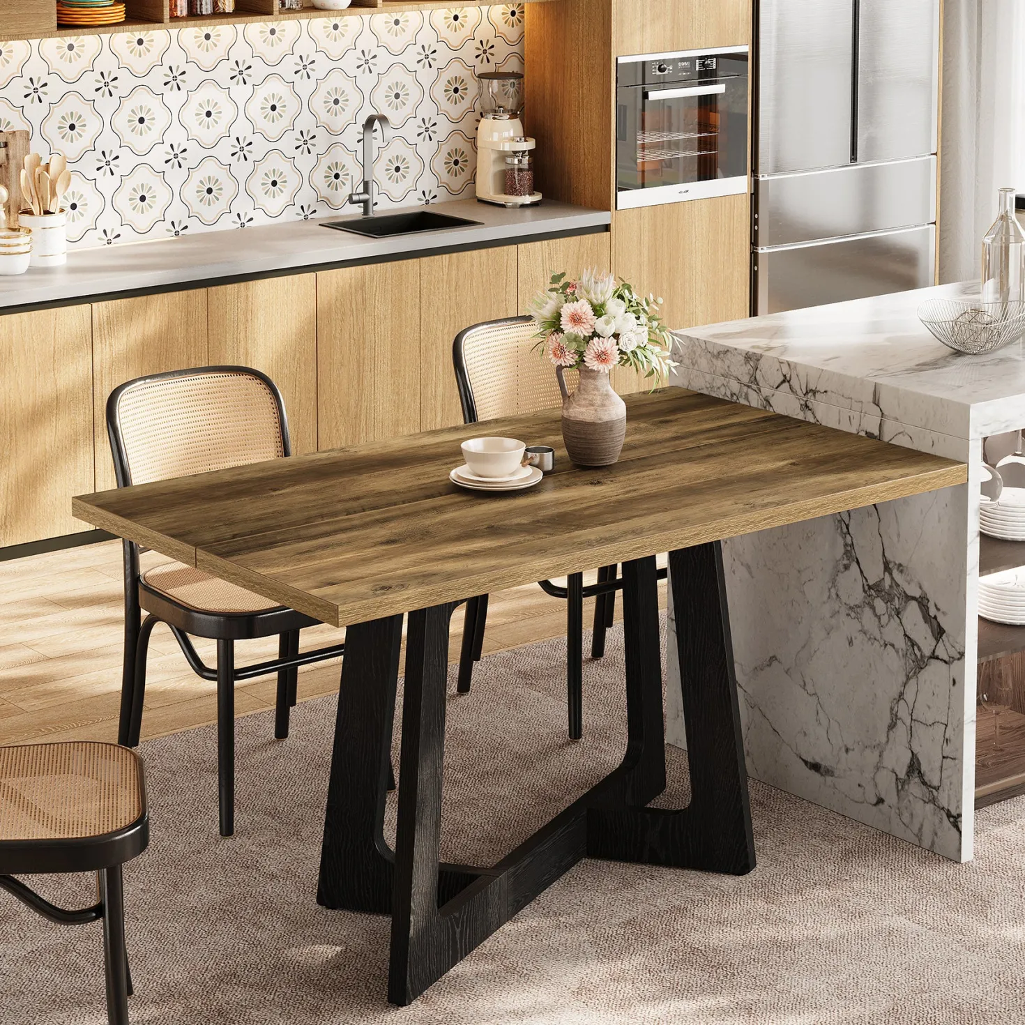 47" Small Dining Table for 2-4 People, Farmhouse Kitchen Table with Sturdy Pedestal Base