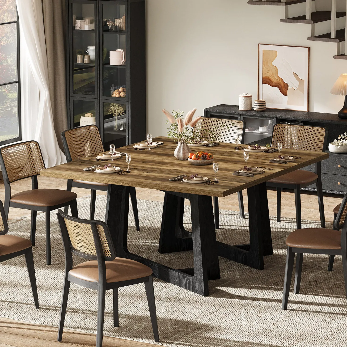 47" Small Dining Table for 2-4 People, Farmhouse Kitchen Table with Sturdy Pedestal Base