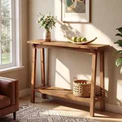 39.4” Small Entryway Table, 2-Tier Solid Wood Console Table for Living Room