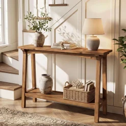 39.4” Small Entryway Table, 2-Tier Solid Wood Console Table for Living Room
