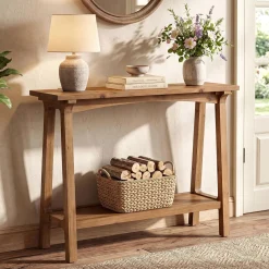 39.4” Small Entryway Table, 2-Tier Solid Wood Console Table for Living Room