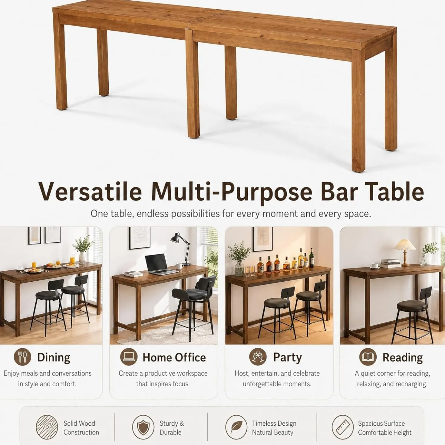 95" Solid Wood Bar Height Table, Rustic Counter Height Dining Table for Kitchen