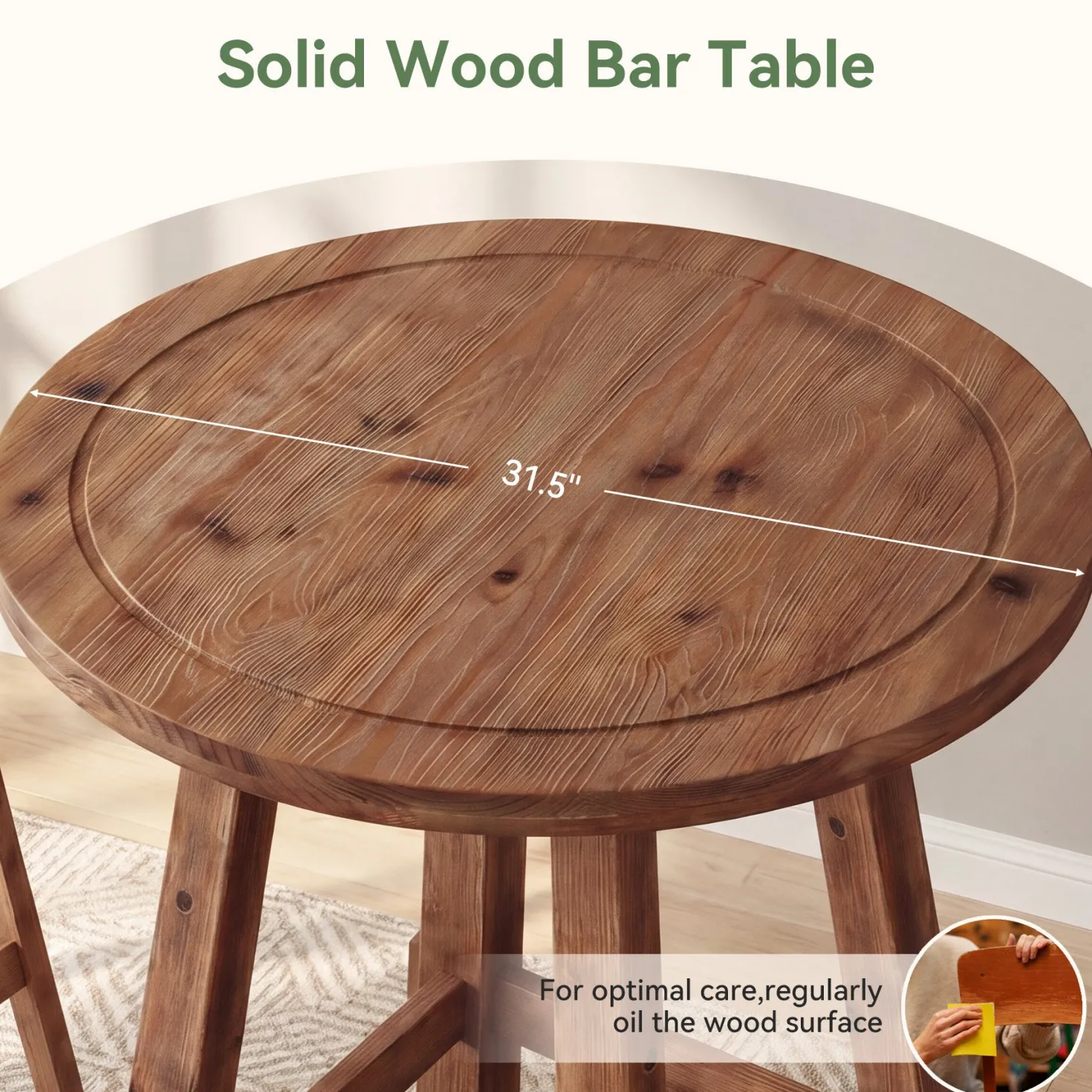 39.4" Solid Wood Bar Table, Farmhouse High Top Pub Bistro Tables for Kitchen
