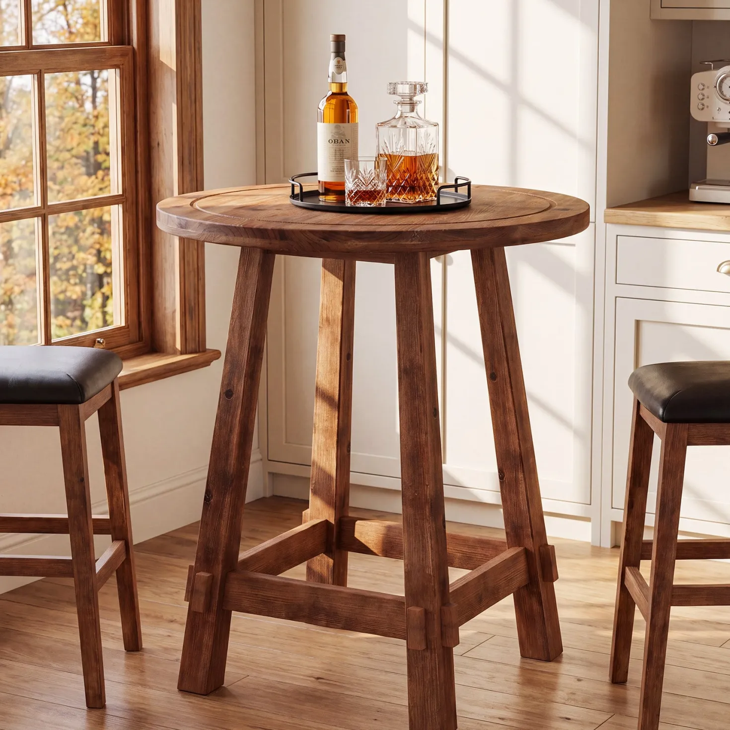 39.4" Solid Wood Bar Table, Farmhouse High Top Pub Bistro Tables for Kitchen