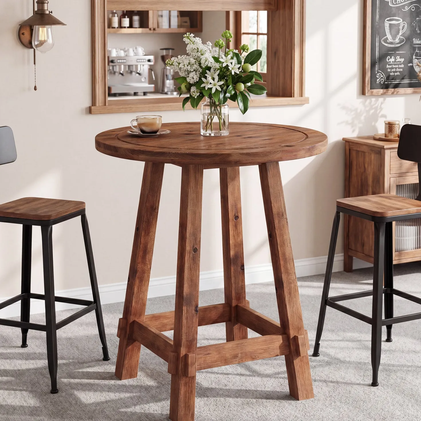 39.4" Solid Wood Bar Table, Farmhouse High Top Pub Bistro Tables for Kitchen