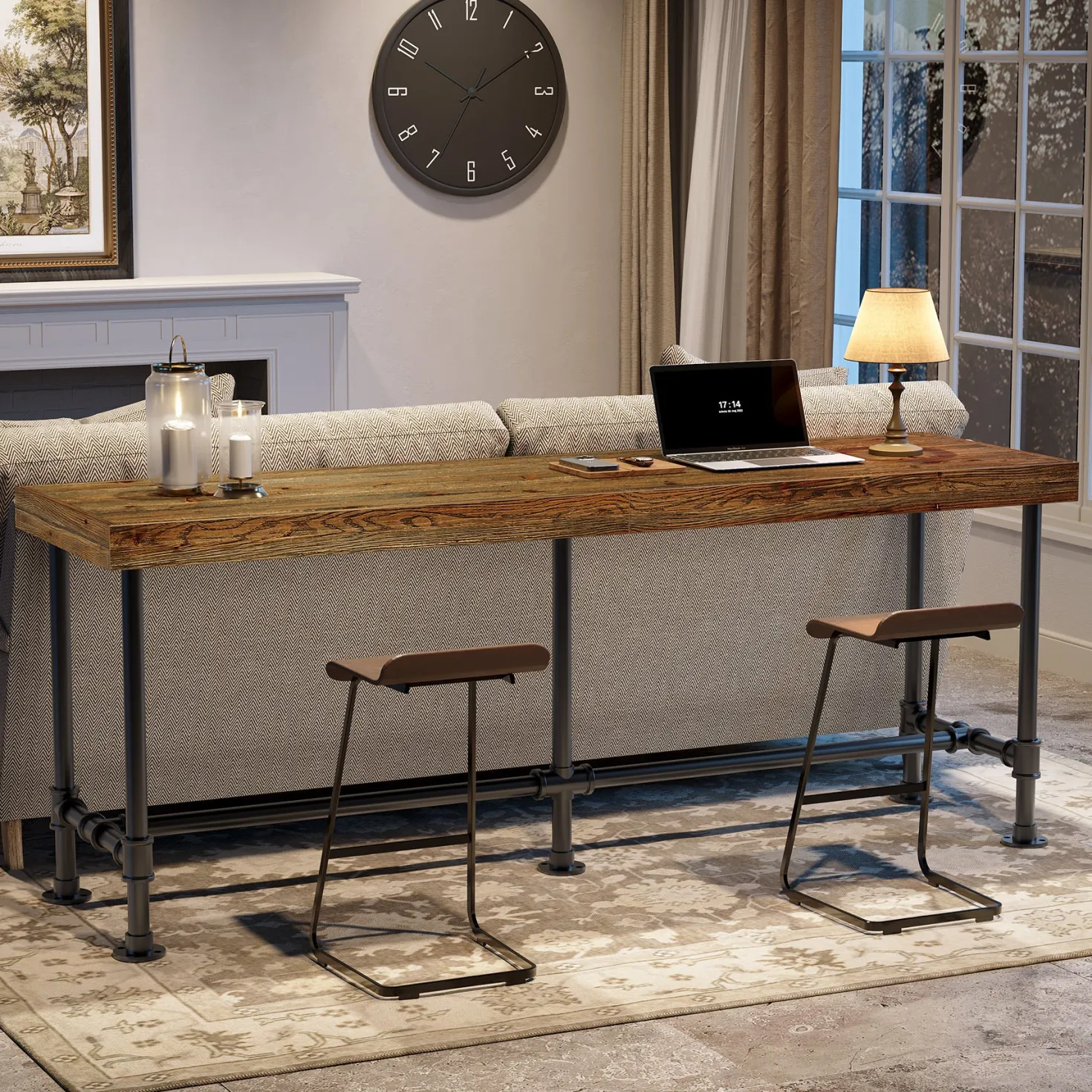 70.87" Solid Wood Bar Table for 6-8 People, Industrial Counter Height Pub Table