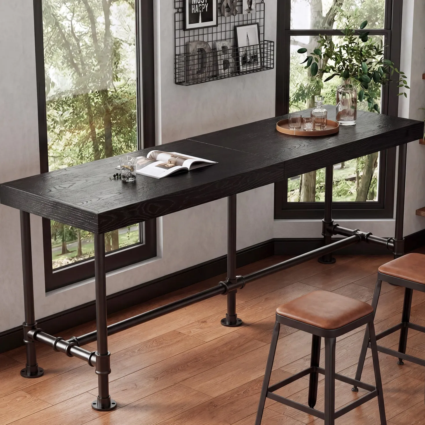 70.87" Solid Wood Bar Table for 6-8 People, Industrial Counter Height Pub Table