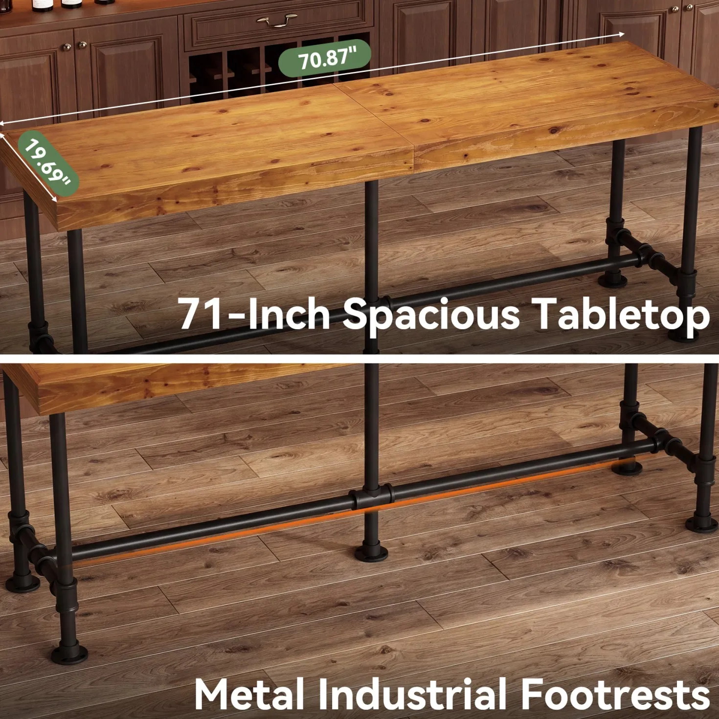 70.87" Solid Wood Bar Table for 6-8 People, Industrial Counter Height Pub Table