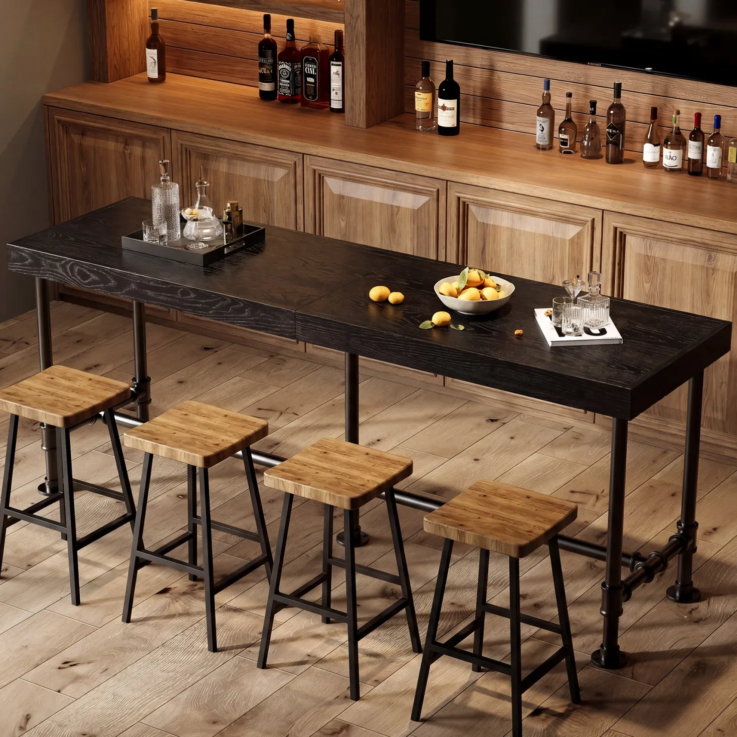 70.87" Solid Wood Bar Table for 6-8 People, Industrial Counter Height Pub Table