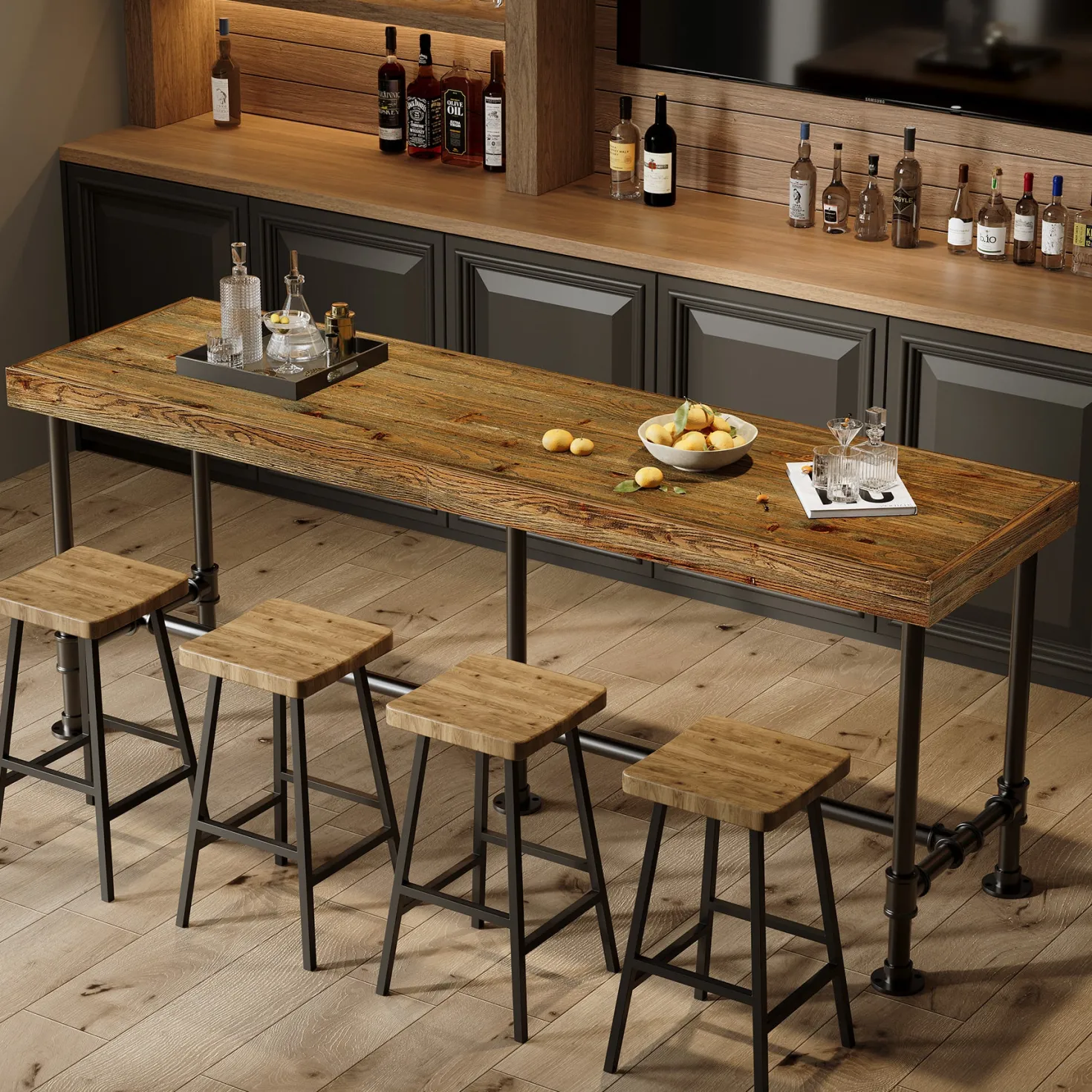 70.87" Solid Wood Bar Table for 6-8 People, Industrial Counter Height Pub Table