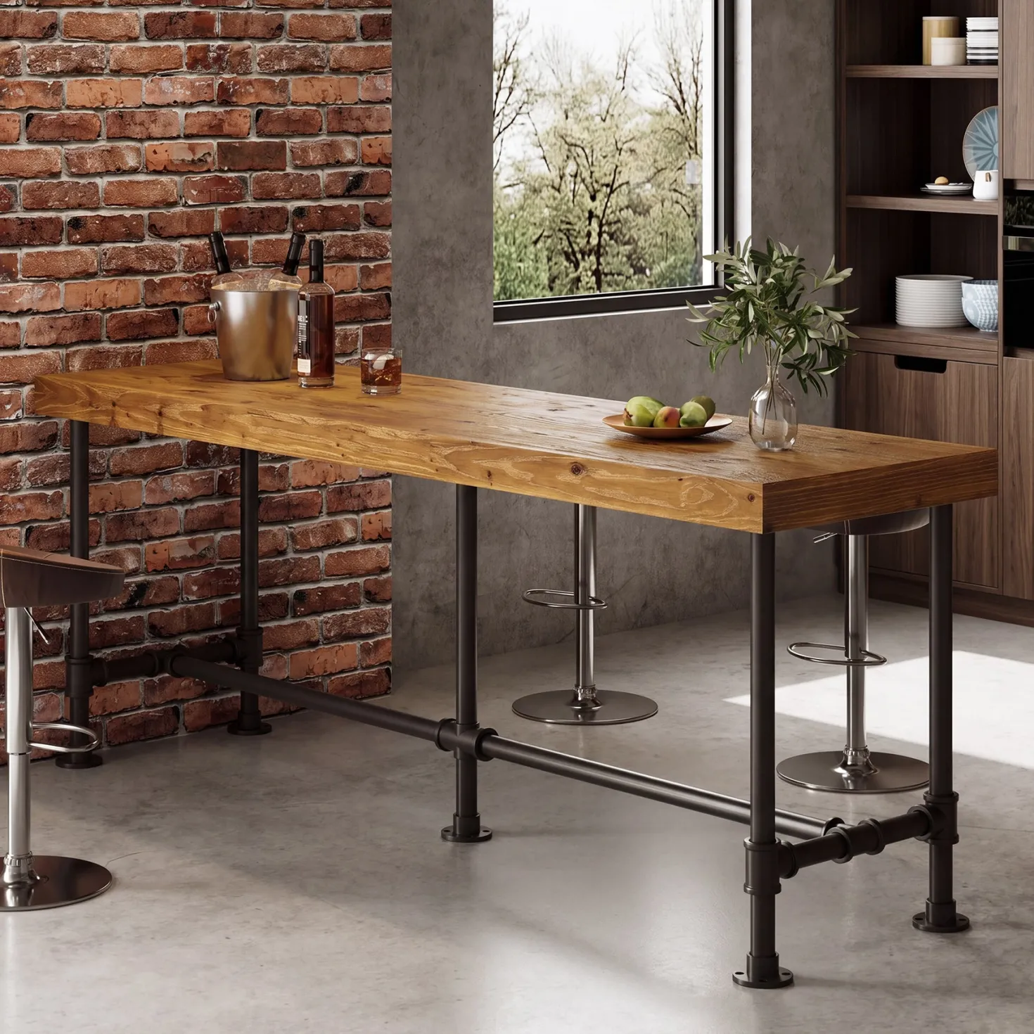 70.87" Solid Wood Bar Table for 6-8 People, Industrial Counter Height Pub Table