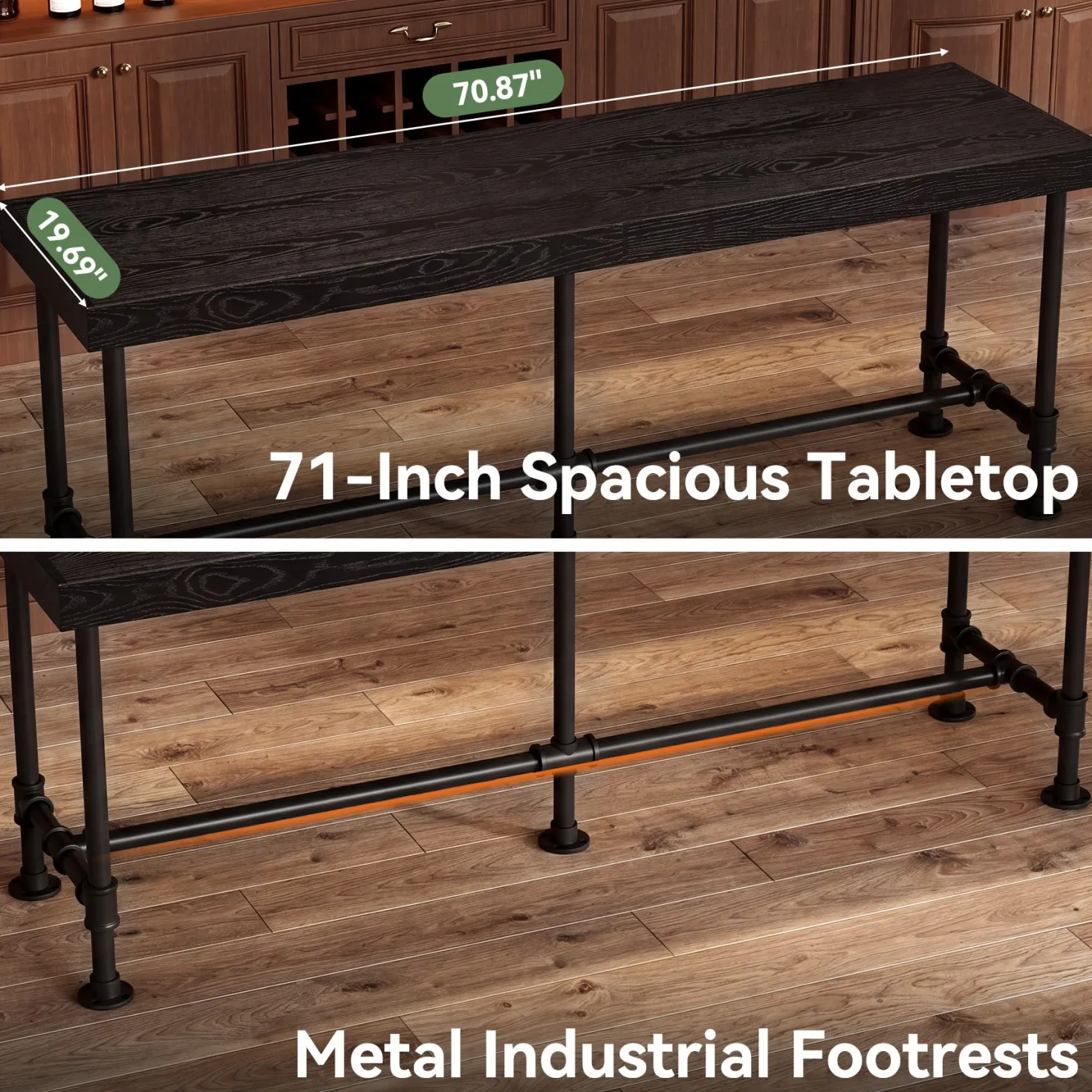 70.87" Solid Wood Bar Table for 6-8 People, Industrial Counter Height Pub Table