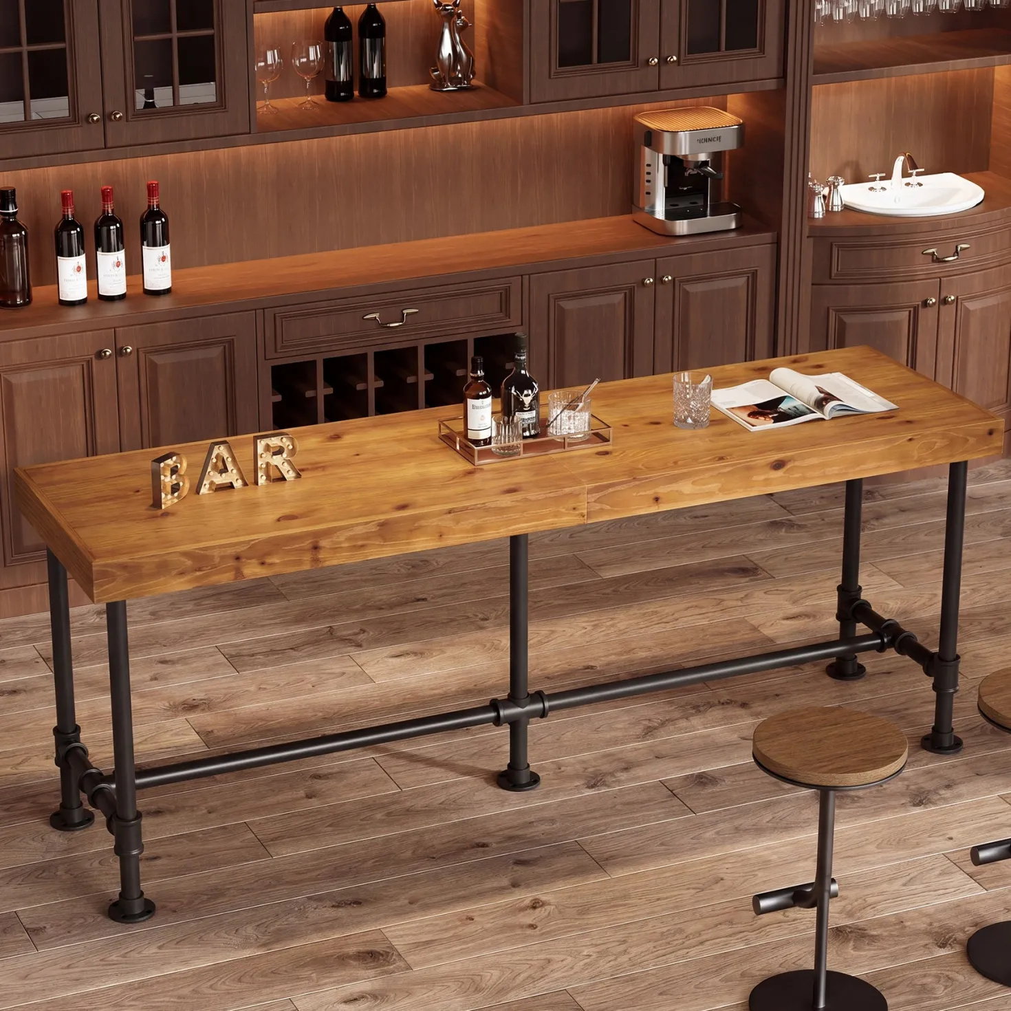 70.87" Solid Wood Bar Table for 6-8 People, Industrial Counter Height Pub Table