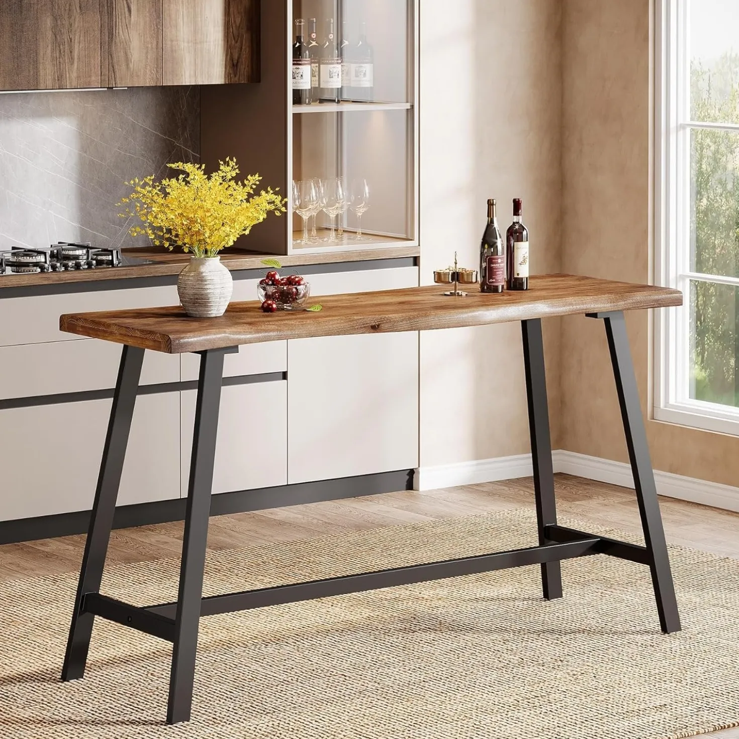 55" Solid Wood Bar Table, Industrial Counter Height Pub Table Bar Units(Table Only)
