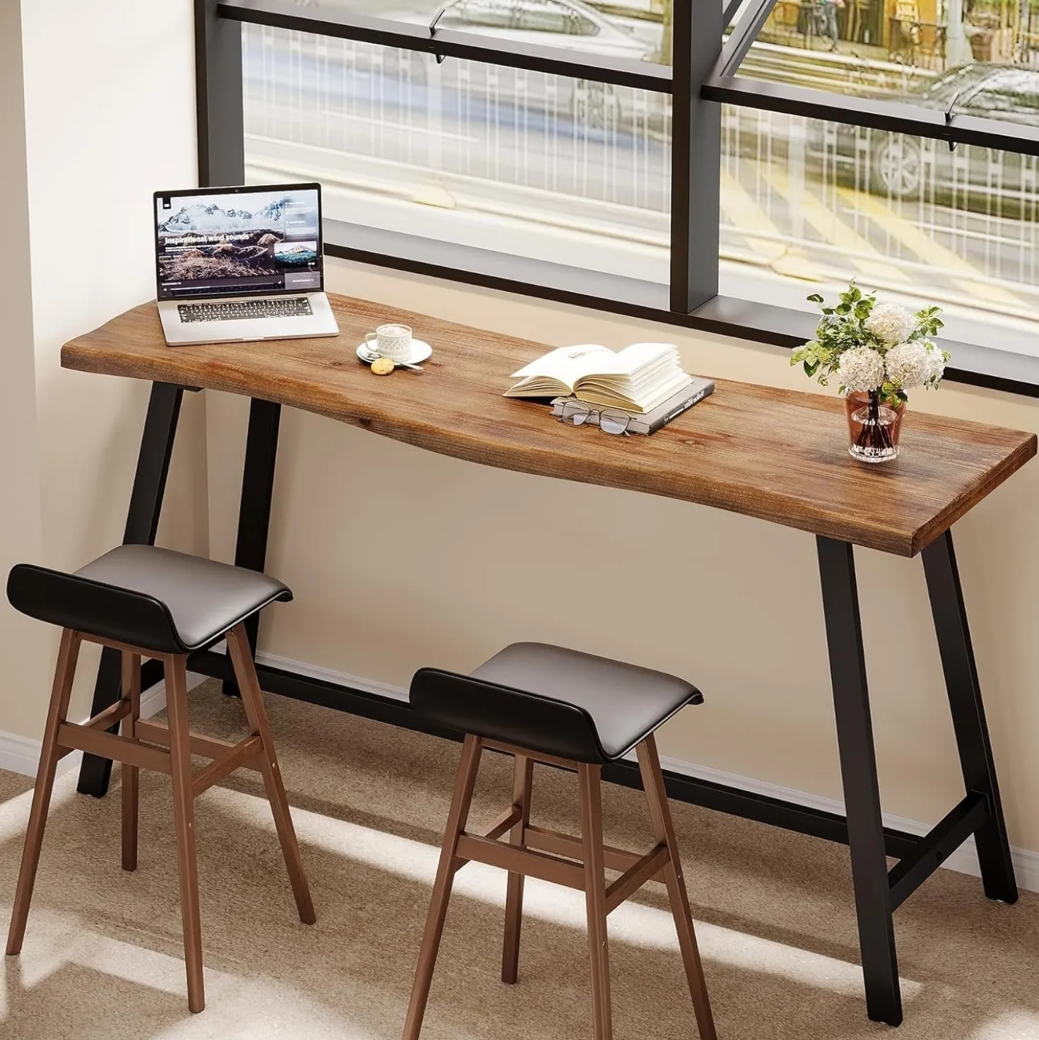 55" Solid Wood Bar Table, Industrial Counter Height Pub Table Bar Units(Table Only)