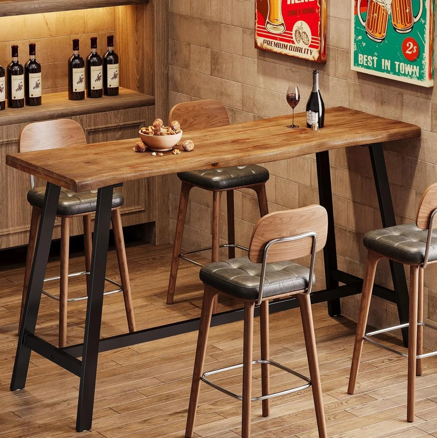 55" Solid Wood Bar Table, Industrial Counter Height Pub Table Bar Units(Table Only)
