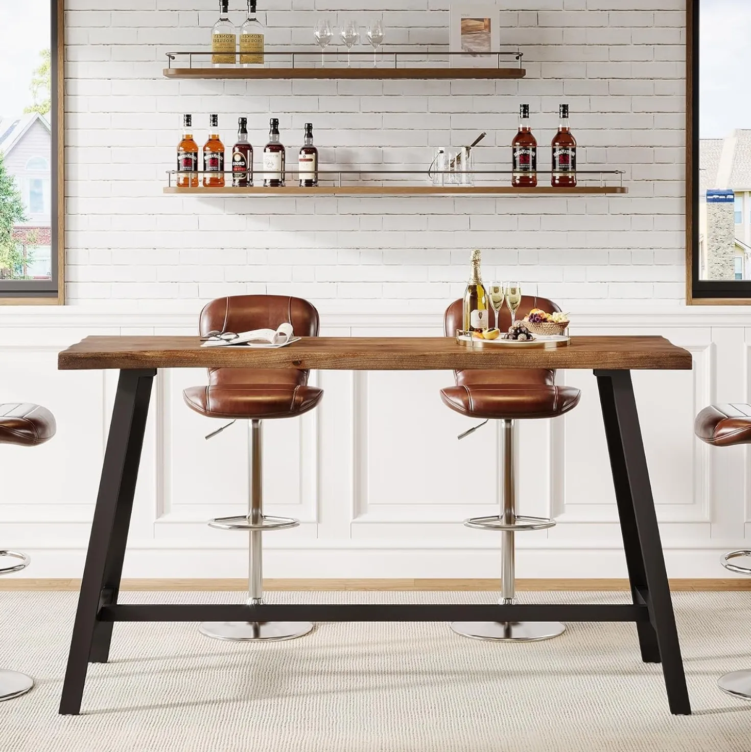 55" Solid Wood Bar Table, Industrial Counter Height Pub Table Bar Units(Table Only)