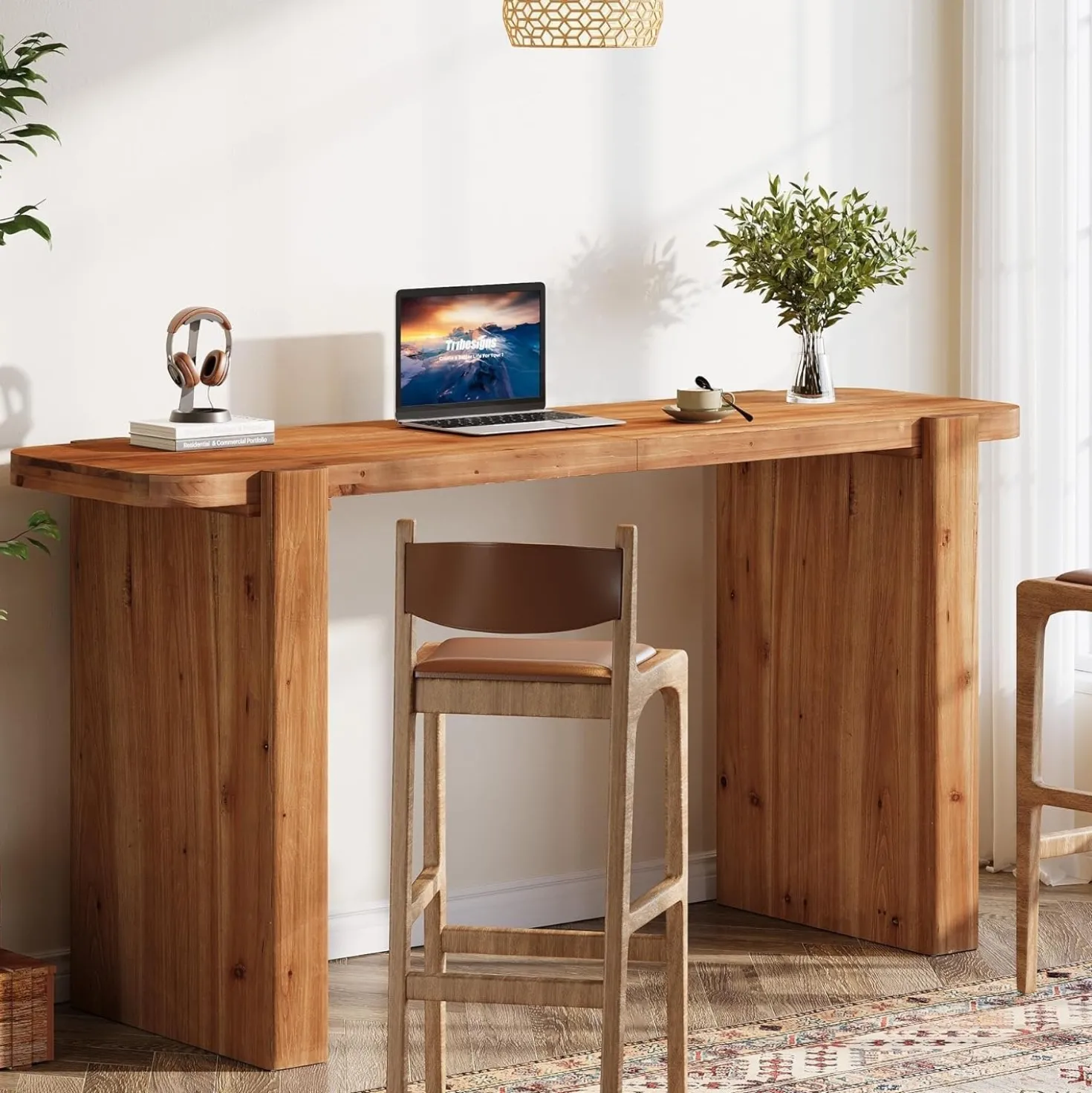 63" Solid Wood Bar Table, Rectangular Counter Height Pub Table Home Bar Table