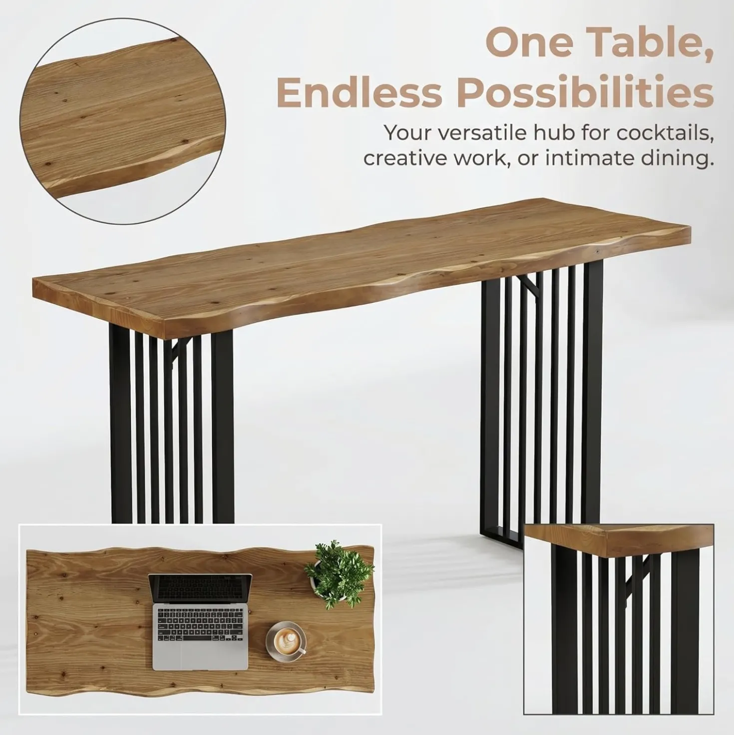 63" Solid Wood Bar Table, Rectangular Counter Height Pub Table with Metal Frame for Home Bar(Only Table)