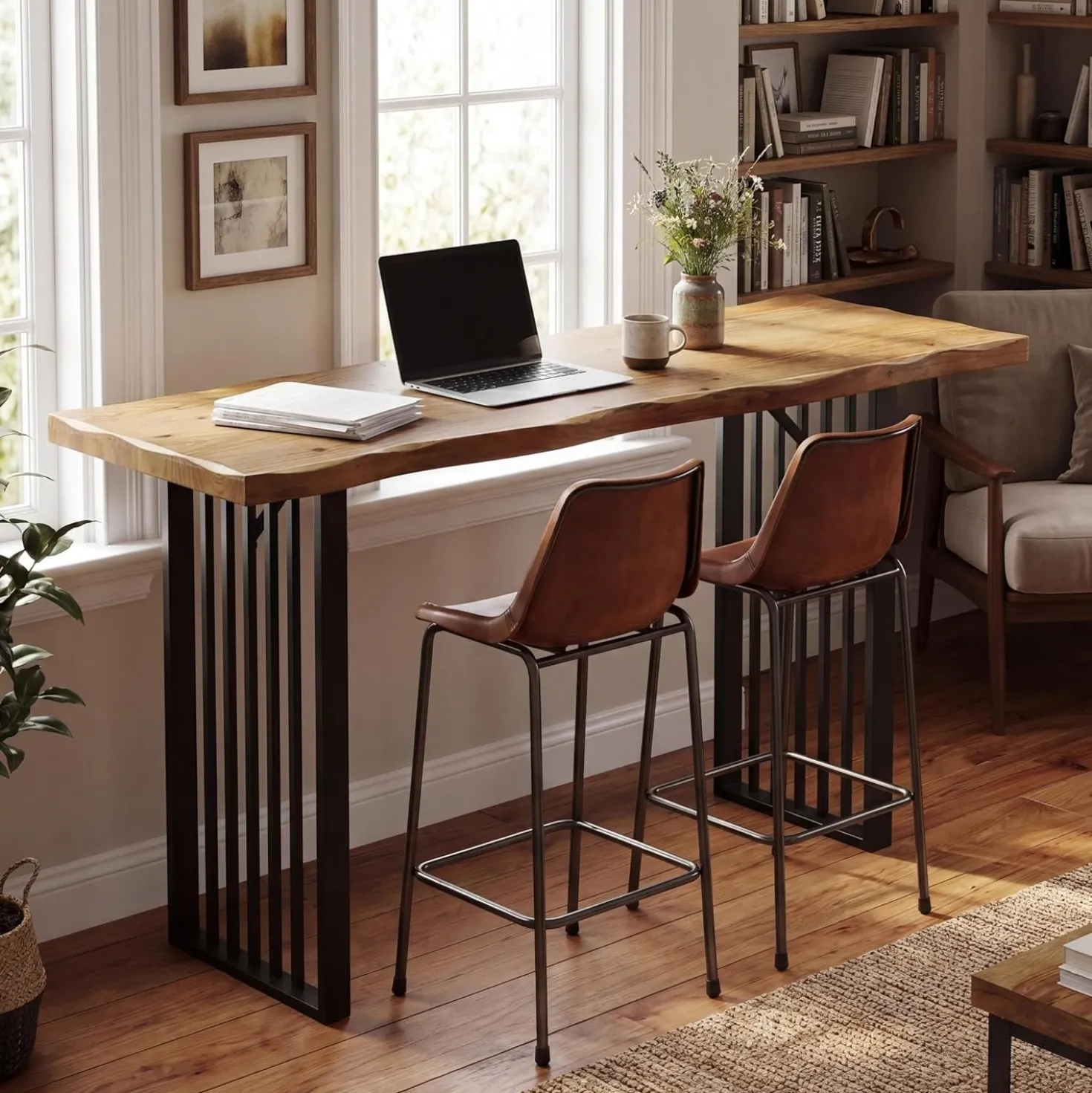 63" Solid Wood Bar Table, Rectangular Counter Height Pub Table with Metal Frame for Home Bar(Only Table)