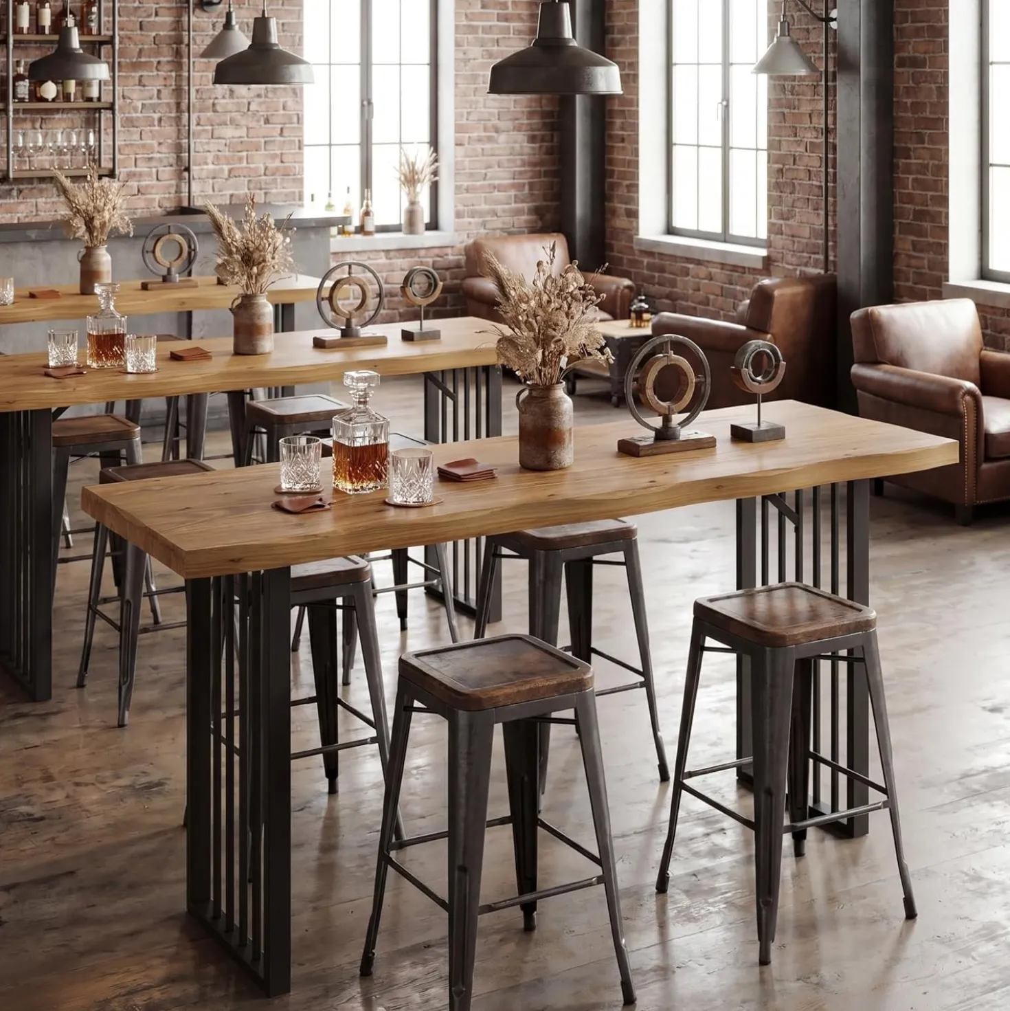 63" Solid Wood Bar Table, Rectangular Counter Height Pub Table with Metal Frame for Home Bar(Only Table)