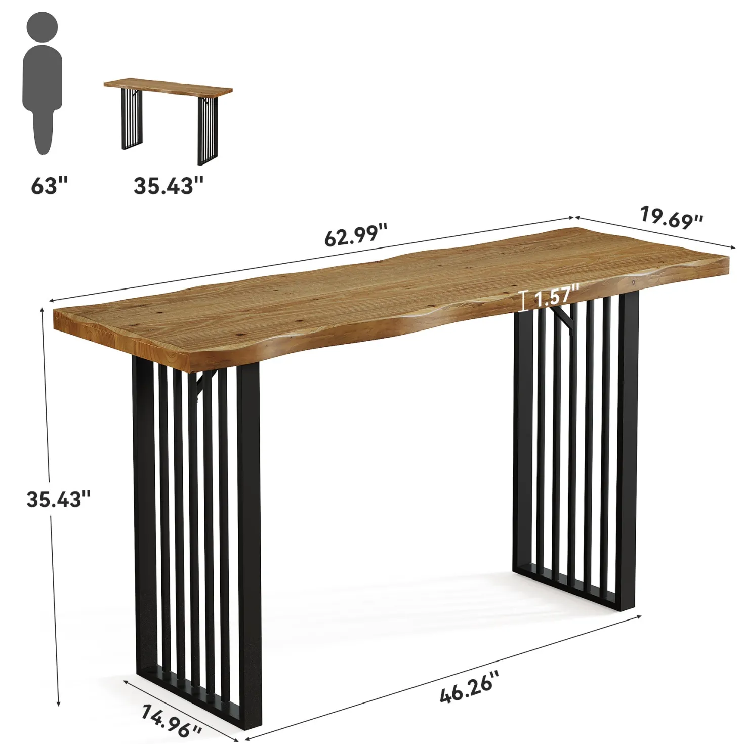 63" Solid Wood Bar Table, Rectangular Counter Height Pub Table with Metal Frame for Home Bar(Only Table)