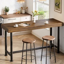 63" Solid Wood Bar Table, Rectangular Counter Height Pub Table with Metal Legs
