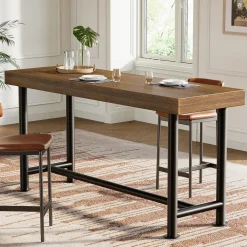 63" Solid Wood Bar Table, Rectangular Counter Height Pub Table with Metal Legs