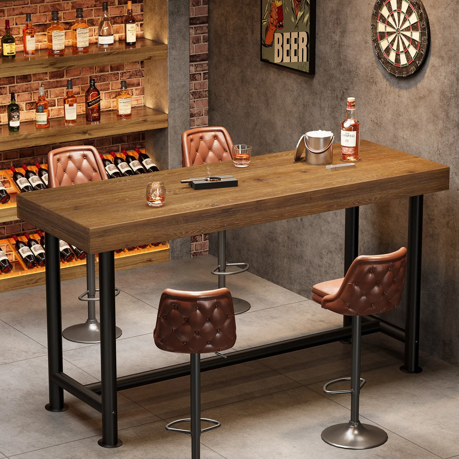 63" Solid Wood Bar Table, Rectangular Counter Height Pub Table with Metal Legs