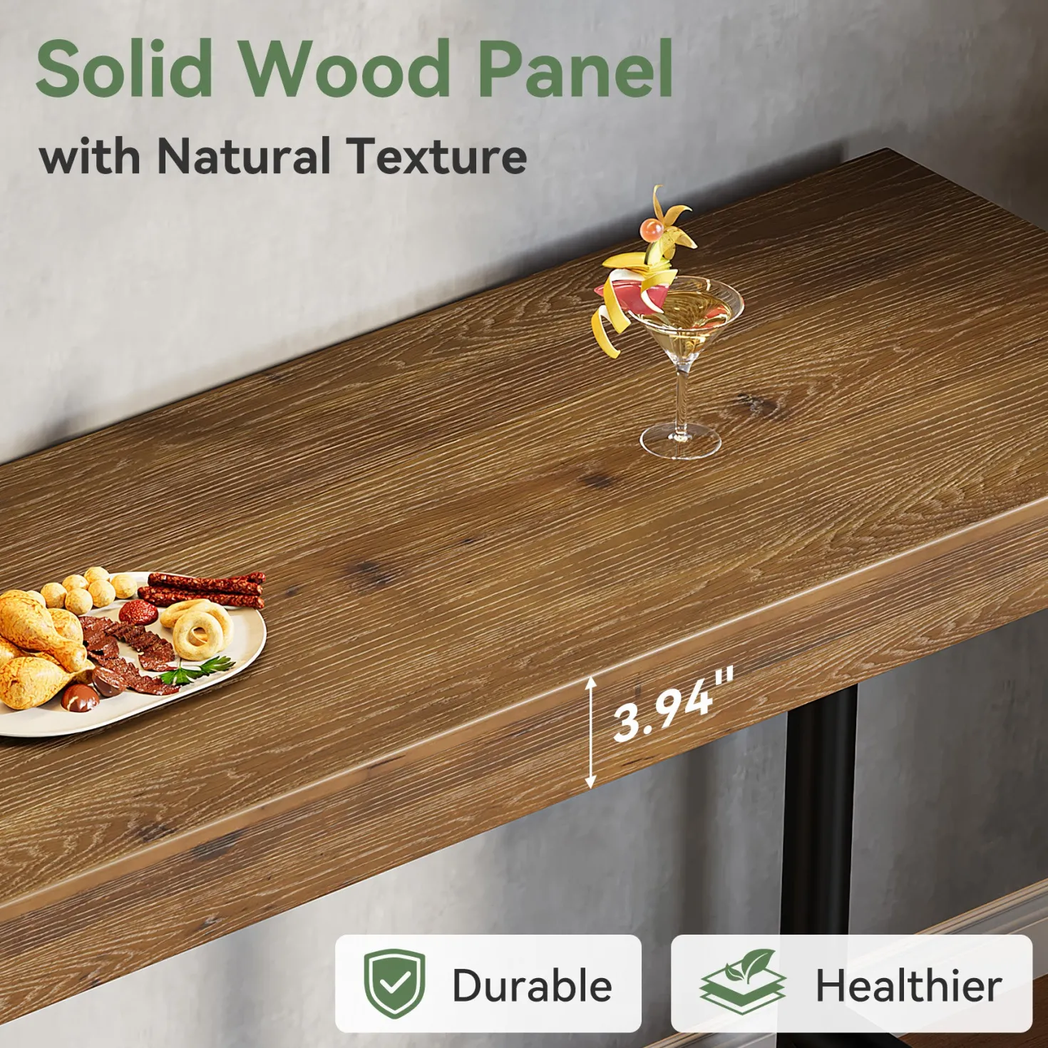 63" Solid Wood Bar Table, Rectangular Counter Height Pub Table with Metal Legs